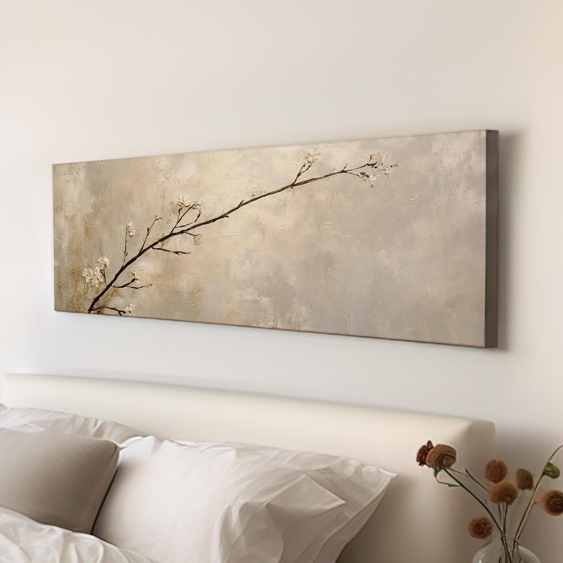 Serene Blossom Canvas Art | Impasto Textural Print | Tranquil Zen Wall Art For Living Room | Champagne Gold Art Panoramic Wall Art