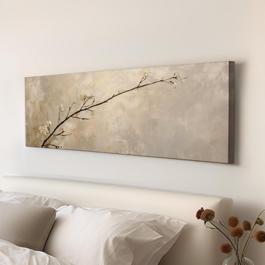 Serene Blossom Canvas Art | Impasto Textural Print | Tranquil Zen Wall Art For Living Room | Champagne Gold Art Panoramic Wall Art