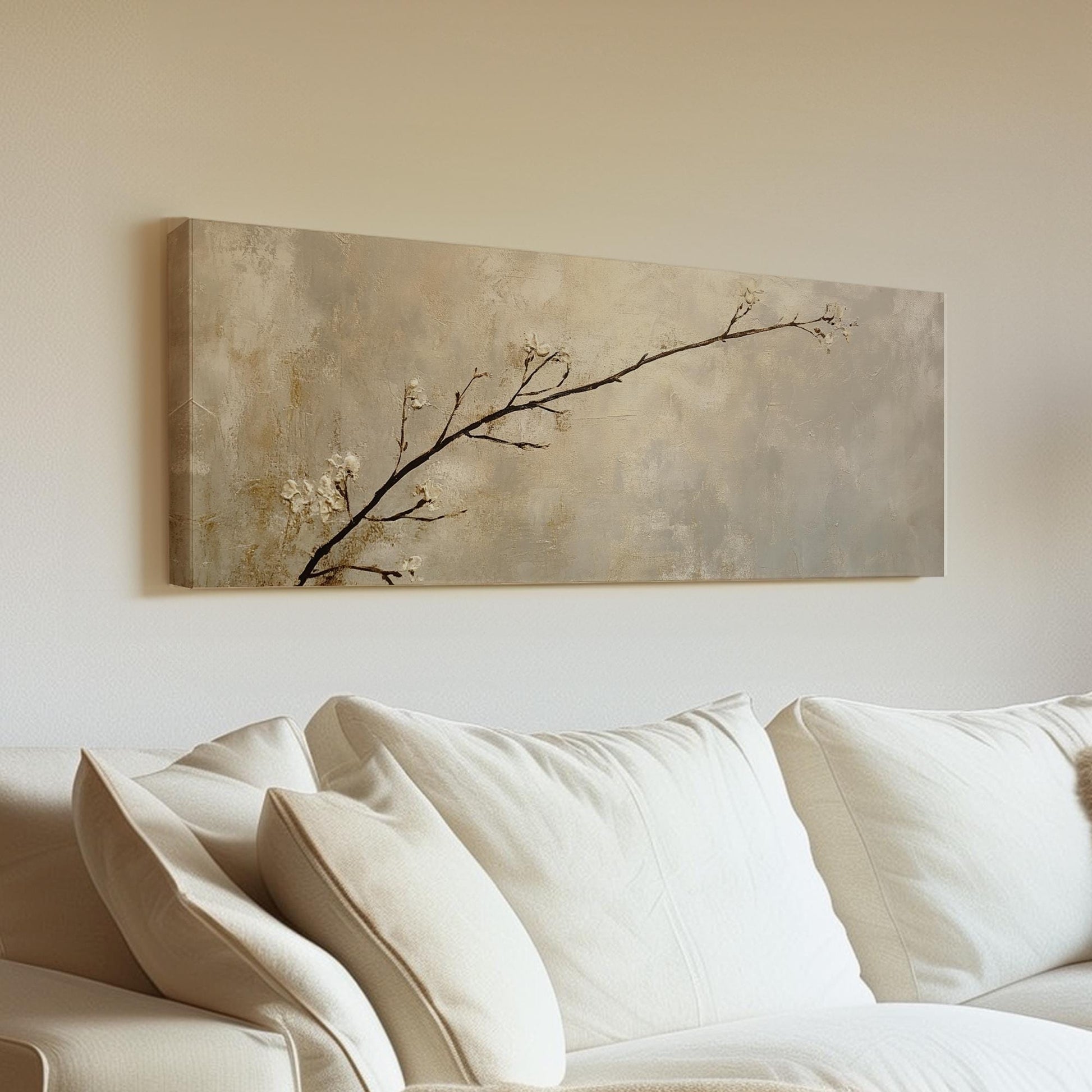 Serene Blossom Canvas Art | Impasto Textural Print | Tranquil Zen Wall Art For Living Room | Champagne Gold Art Panoramic Wall Art