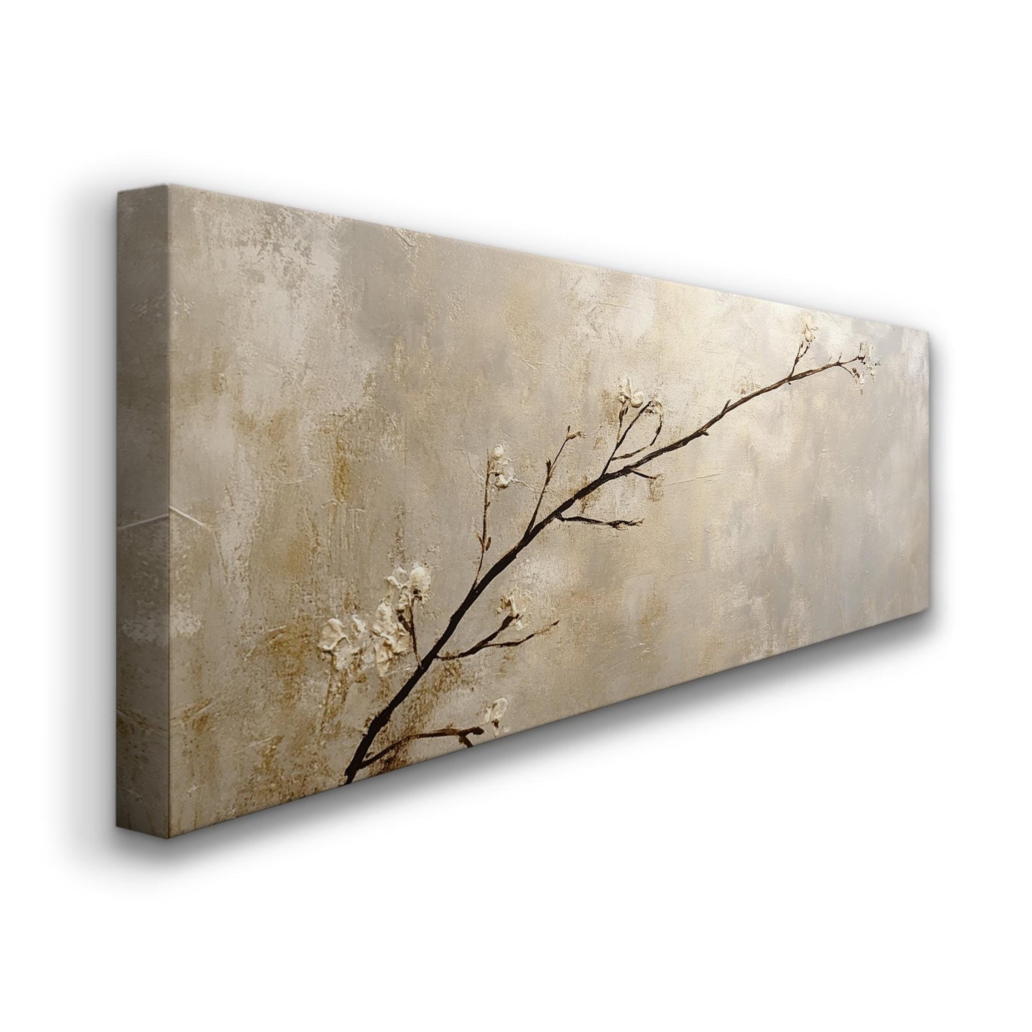 Serene Blossom Canvas Art | Impasto Textural Print | Tranquil Zen Wall Art For Living Room | Champagne Gold Art Panoramic Wall Art