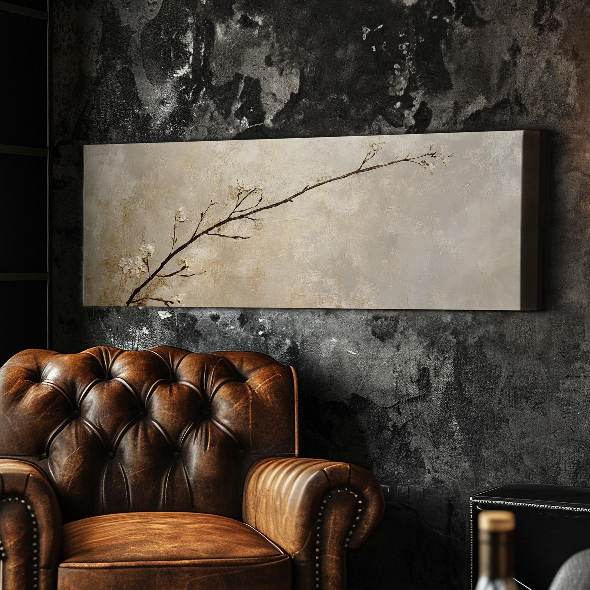 Serene Blossom Canvas Art | Impasto Textural Print | Tranquil Zen Wall Art For Living Room | Champagne Gold Art Panoramic Wall Art