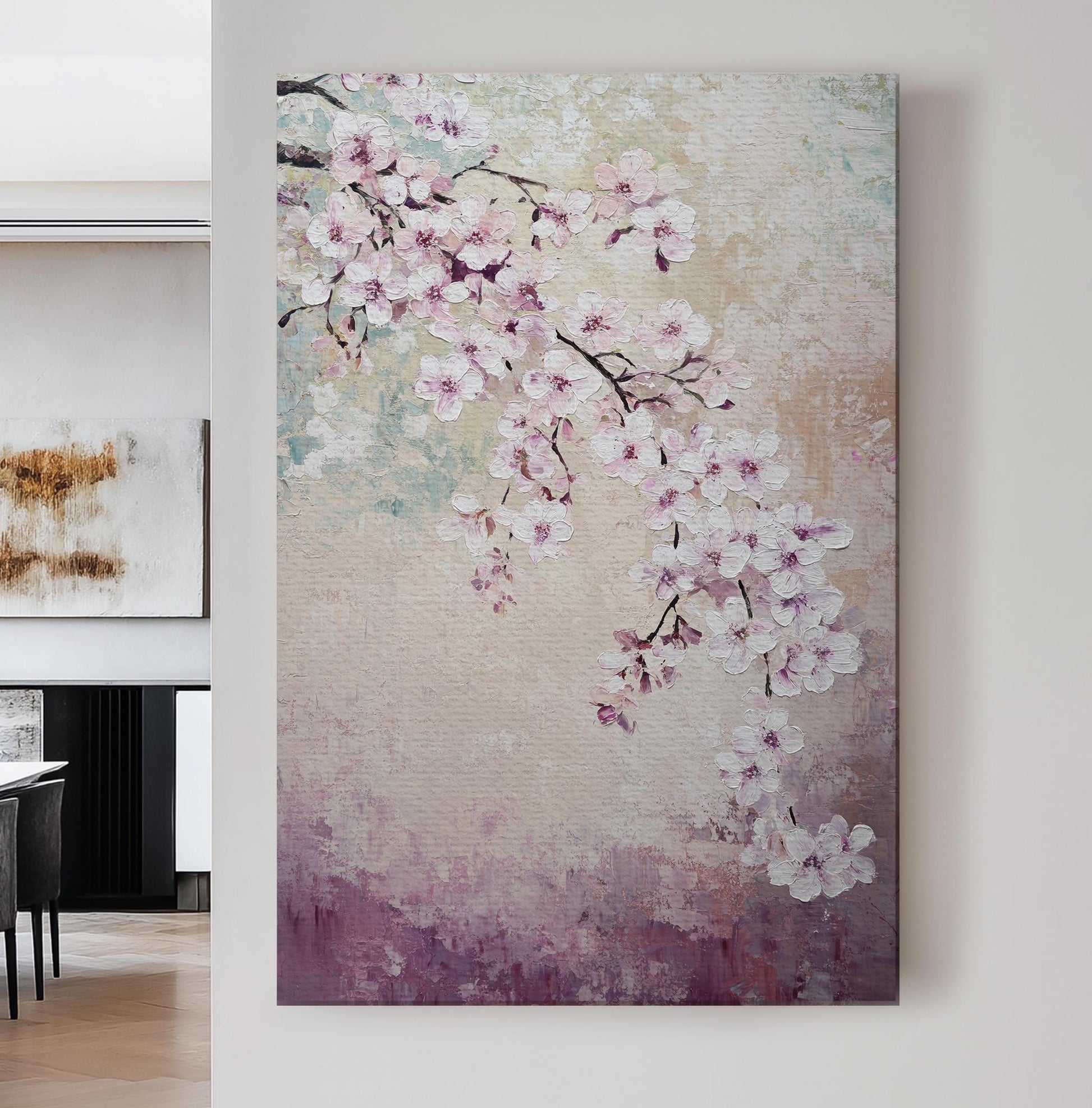 Serene Blossom Canvas Art | Impasto Print | Bohemian Wall Art For Living Room | Blush Pink Art | Tranquil Decor Vertical Canvas