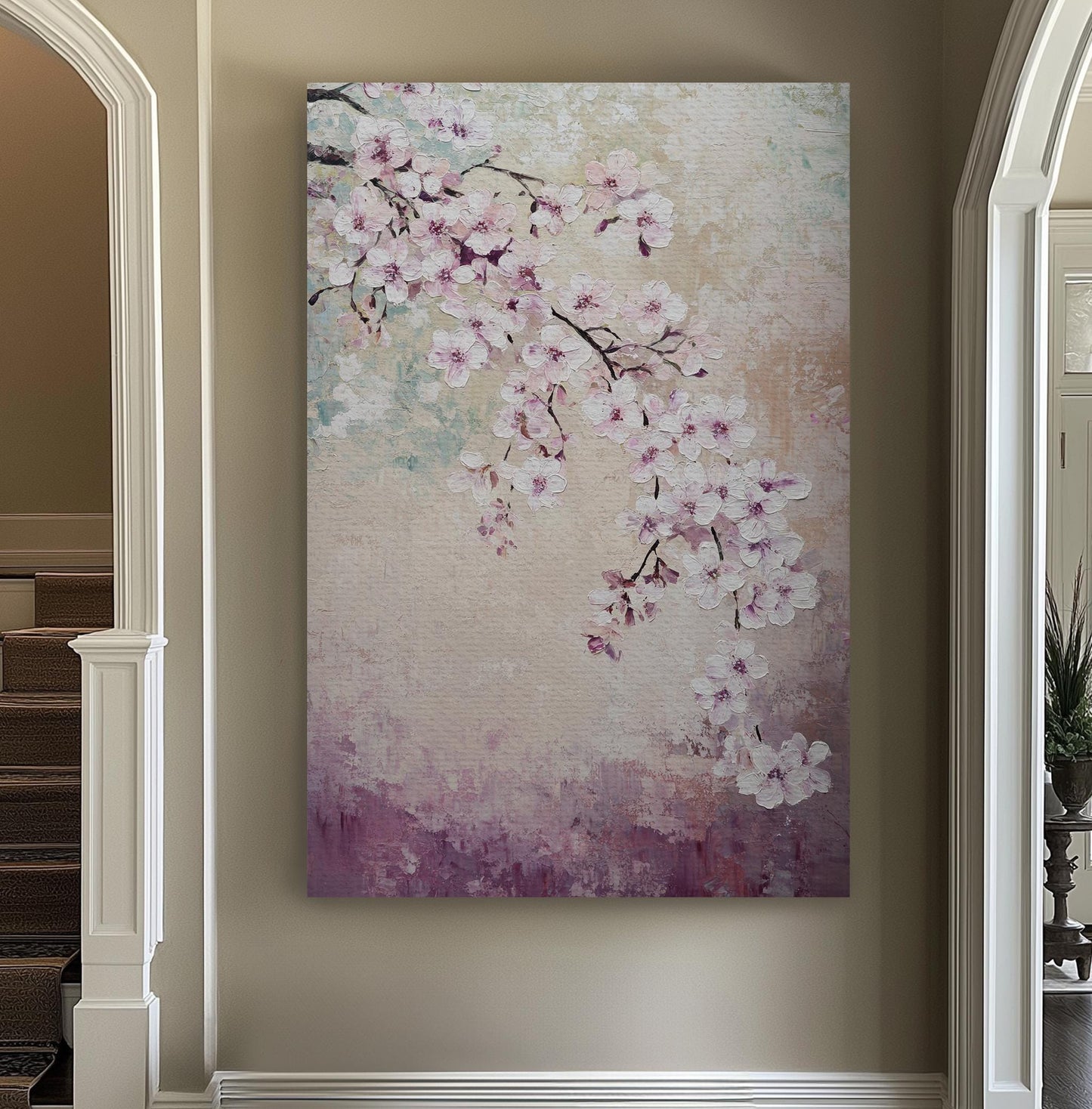 Serene Blossom Canvas Art | Impasto Print | Bohemian Wall Art For Living Room | Blush Pink Art | Tranquil Decor Vertical Canvas