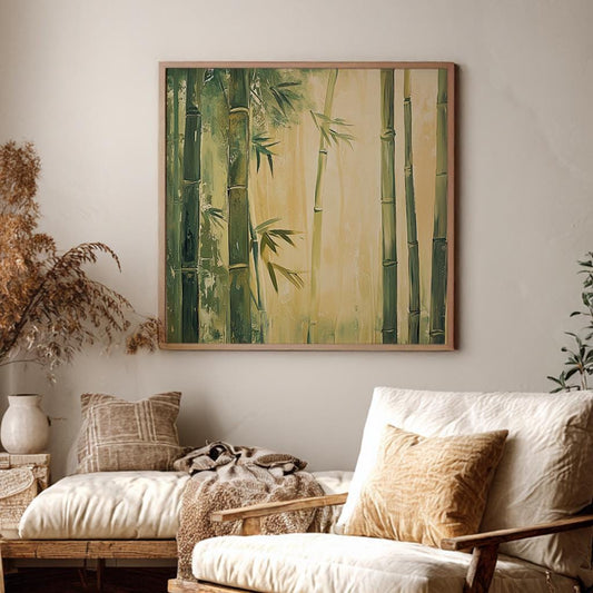 Serene Bamboo Forest Canvas Art | Impasto Print | Wabi Sabi Wall Art For Living Room | Sage Green Art | Zen Decor Square Canvas Art