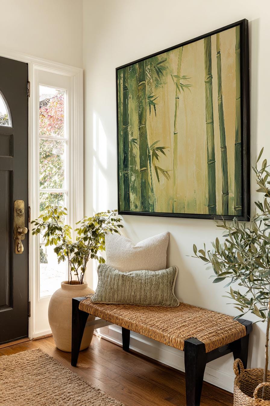 Serene Bamboo Forest Canvas Art | Impasto Print | Wabi Sabi Wall Art For Living Room | Sage Green Art | Zen Decor Square Canvas Art