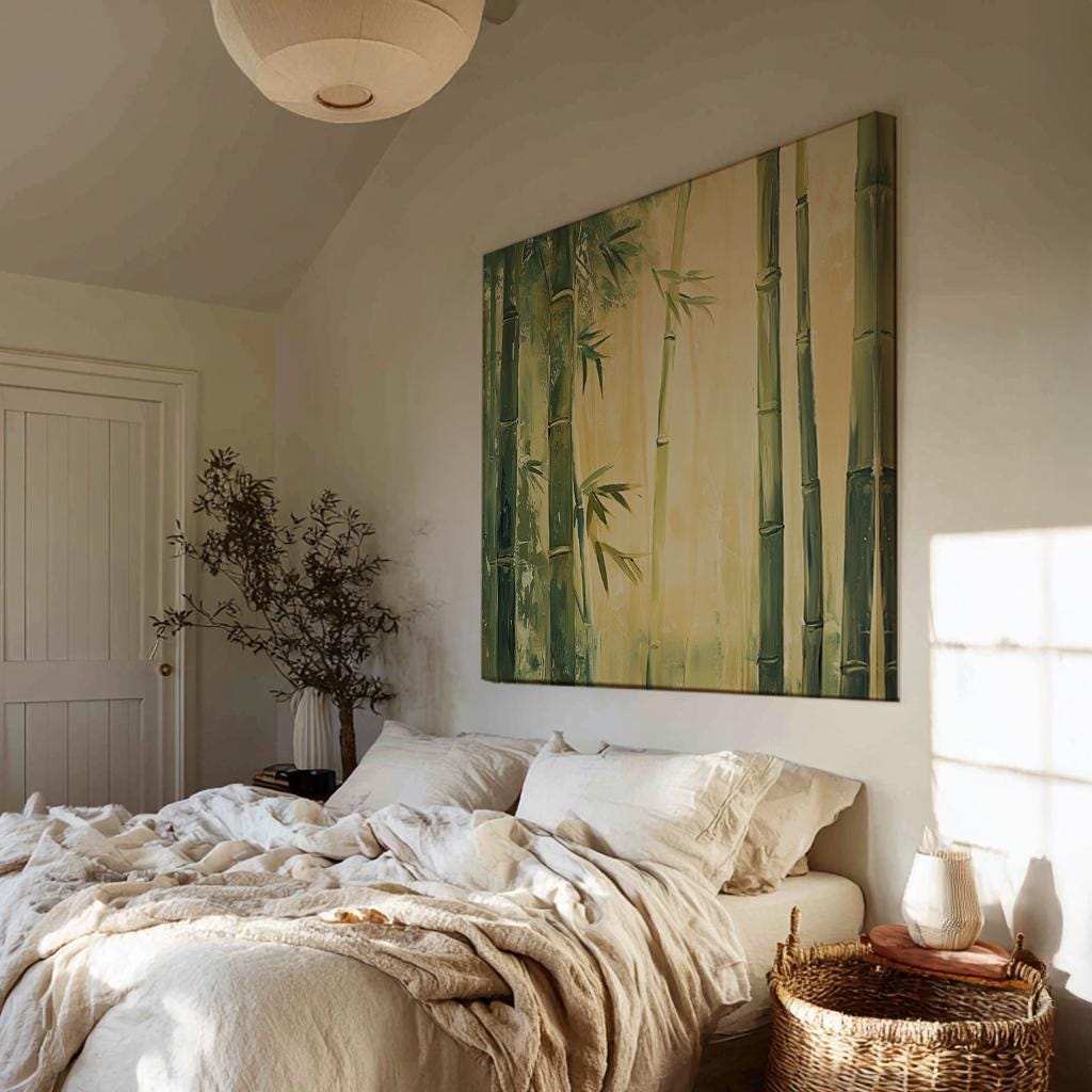 Serene Bamboo Forest Canvas Art | Impasto Print | Wabi Sabi Wall Art For Living Room | Sage Green Art | Zen Decor Square Canvas Art