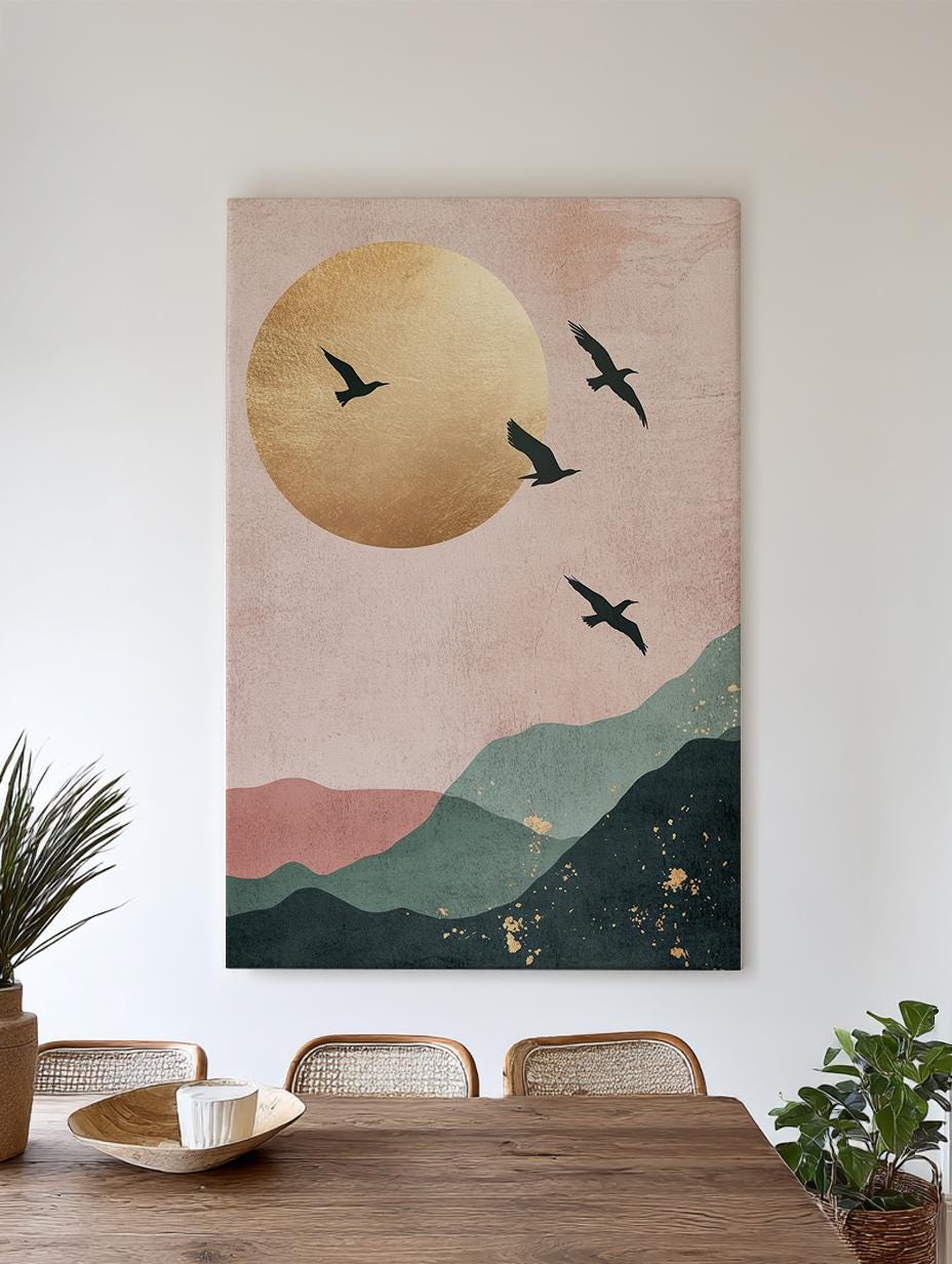 Serene Aviary Canvas Art | Minimalist Silhouette Print | Biophilic Wall Art For Living Room | Blush Pink Champagne Gold Art Vertical Canvas