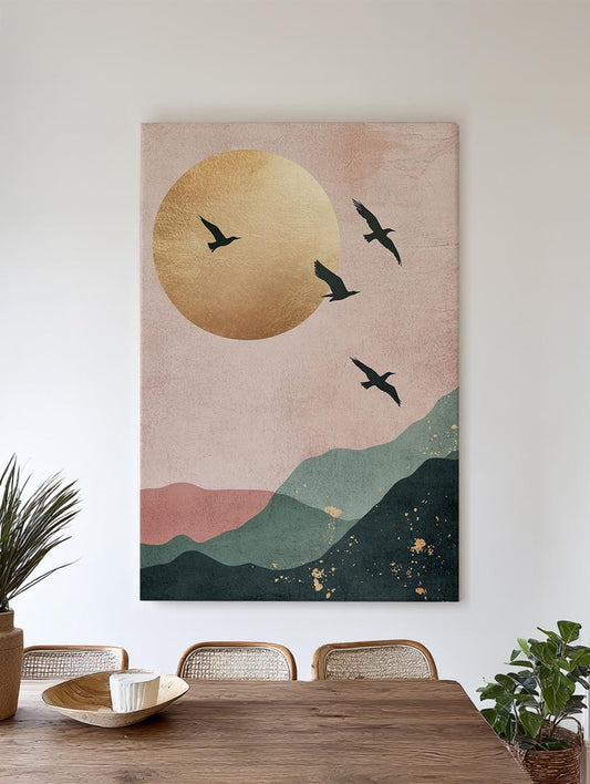 Serene Aviary Canvas Art | Minimalist Silhouette Print | Biophilic Wall Art For Living Room | Blush Pink Champagne Gold Art Vertical Canvas