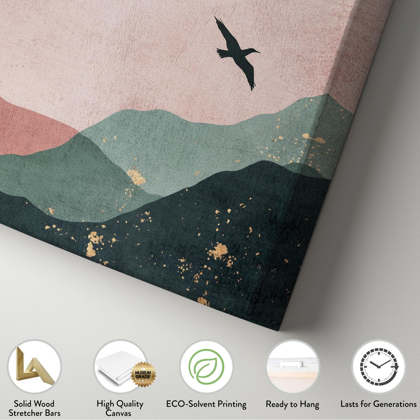 Serene Aviary Canvas Art | Minimalist Silhouette Print | Biophilic Wall Art For Living Room | Blush Pink Champagne Gold Art Vertical Canvas