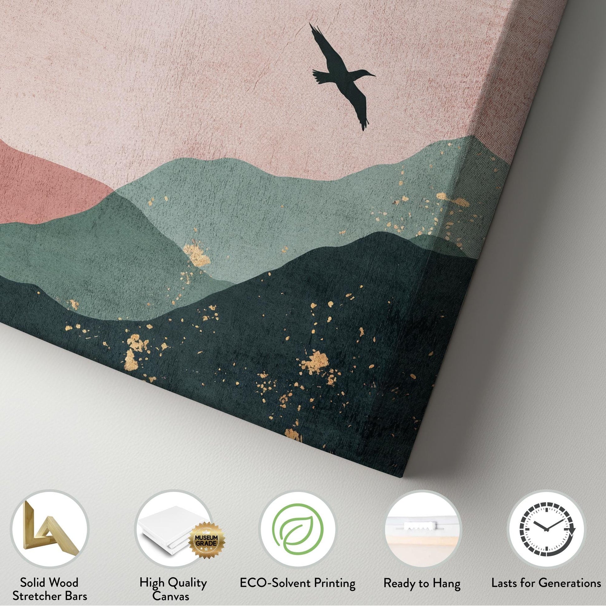 Serene Aviary Canvas Art | Minimalist Silhouette Print | Biophilic Wall Art For Living Room | Blush Pink Champagne Gold Art Vertical Canvas
