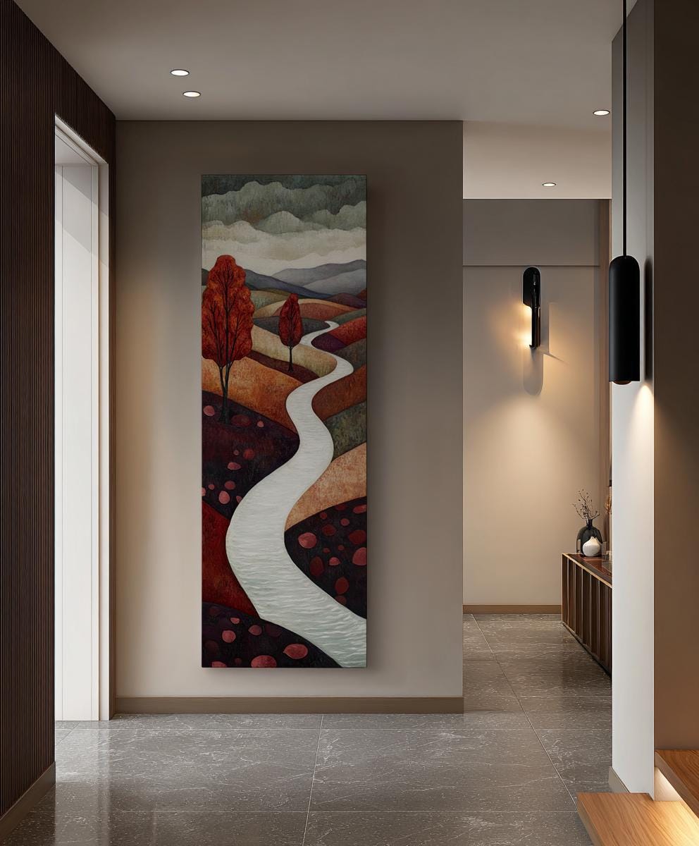 Serene Autumnal Path Canvas Art | Impasto Print | Mid Century Modern Wall Art For Living Room | Dusty Rose and Redwood Art Long Vertical Art