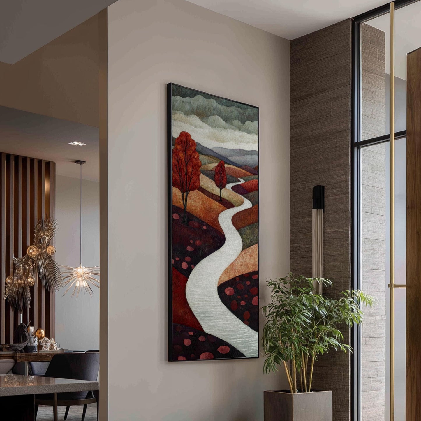 Serene Autumnal Path Canvas Art | Impasto Print | Mid Century Modern Wall Art For Living Room | Dusty Rose and Redwood Art Long Vertical Art