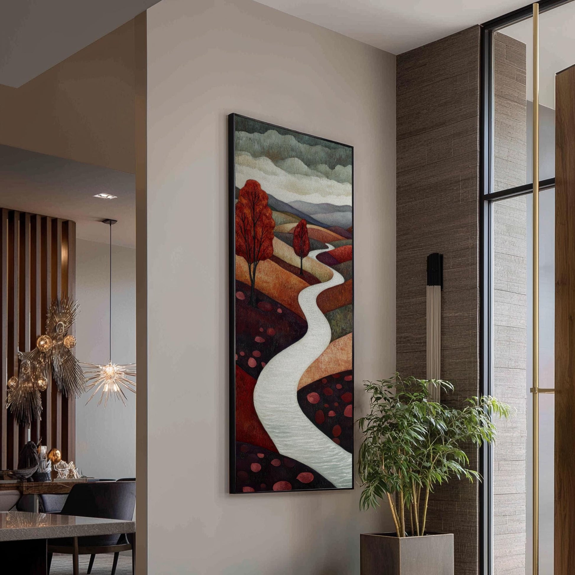 Serene Autumnal Path Canvas Art | Impasto Print | Mid Century Modern Wall Art For Living Room | Dusty Rose and Redwood Art Long Vertical Art