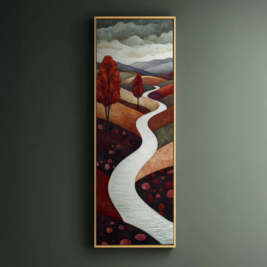 Serene Autumnal Path Canvas Art | Impasto Print | Mid Century Modern Wall Art For Living Room | Dusty Rose and Redwood Art Long Vertical Art