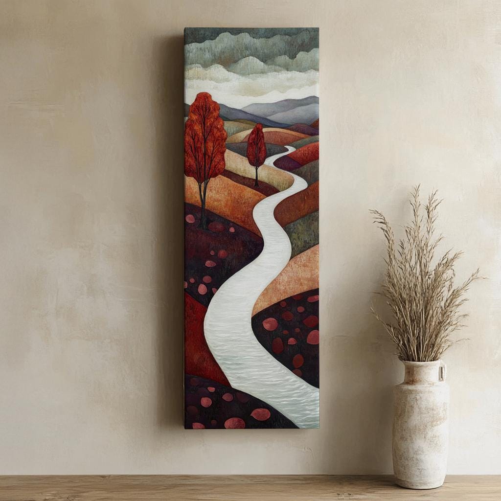 Serene Autumnal Path Canvas Art | Impasto Print | Mid Century Modern Wall Art For Living Room | Dusty Rose and Redwood Art Long Vertical Art