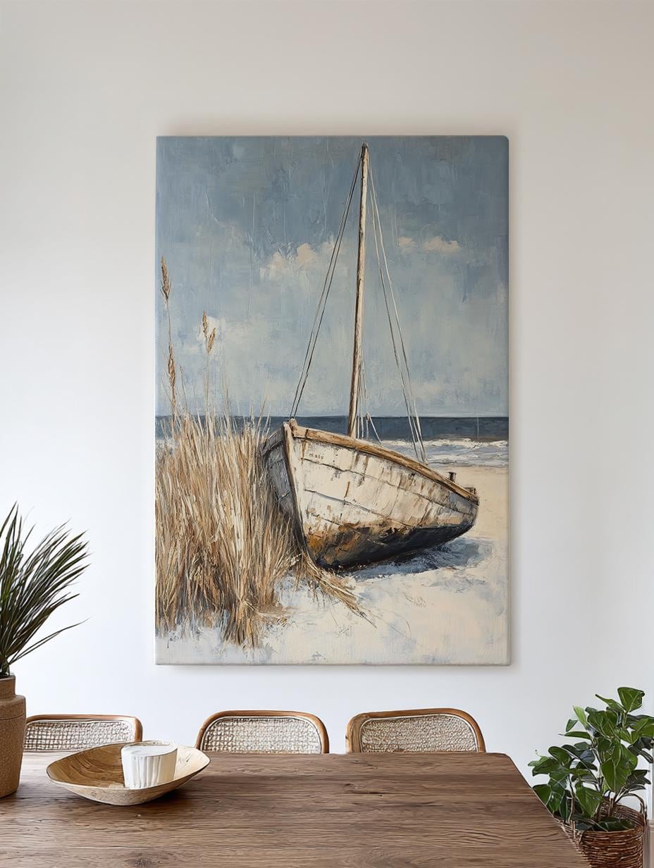 Seashore Boat Canvas Art | Impasto Textural Print | Coastal Farmhouse Wall Art For Living Room | Driftwood Grey Art Vertical Canvas