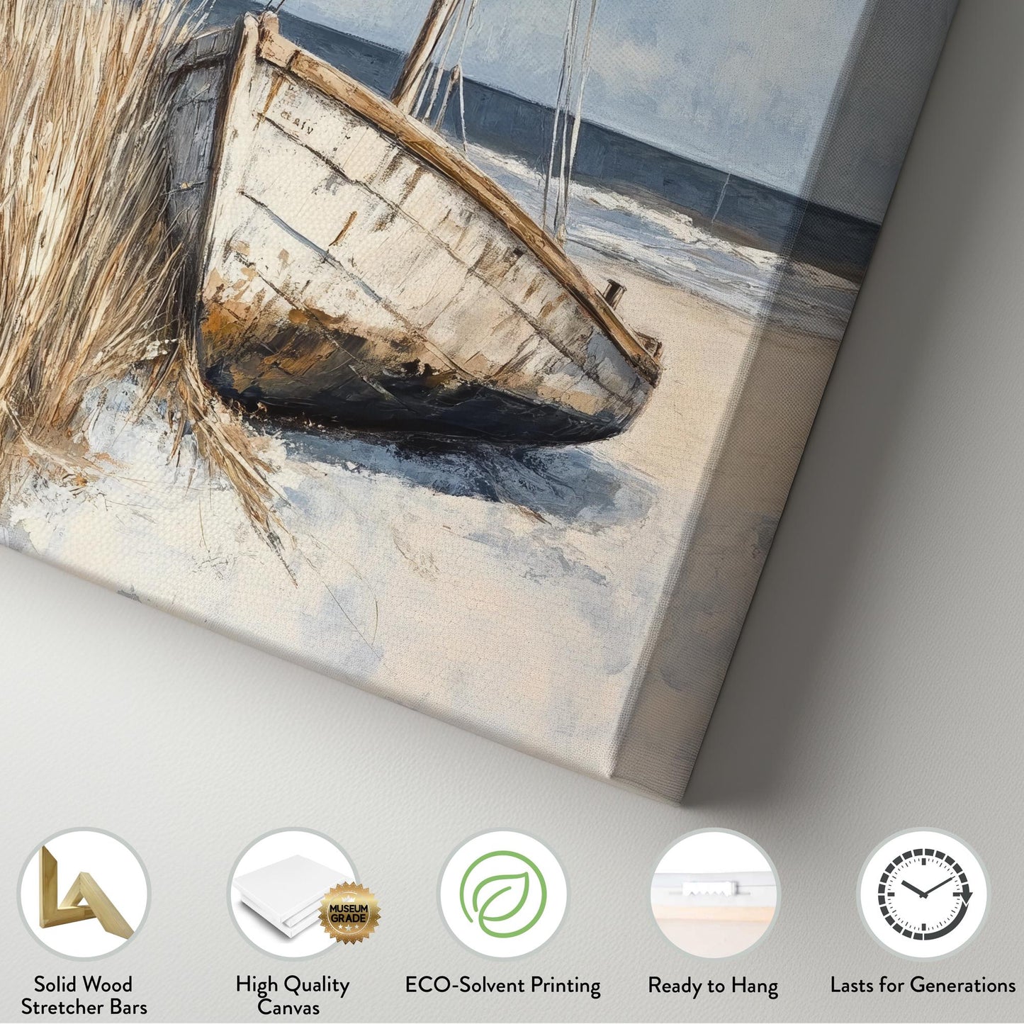 Seashore Boat Canvas Art | Impasto Textural Print | Coastal Farmhouse Wall Art For Living Room | Driftwood Grey Art Vertical Canvas