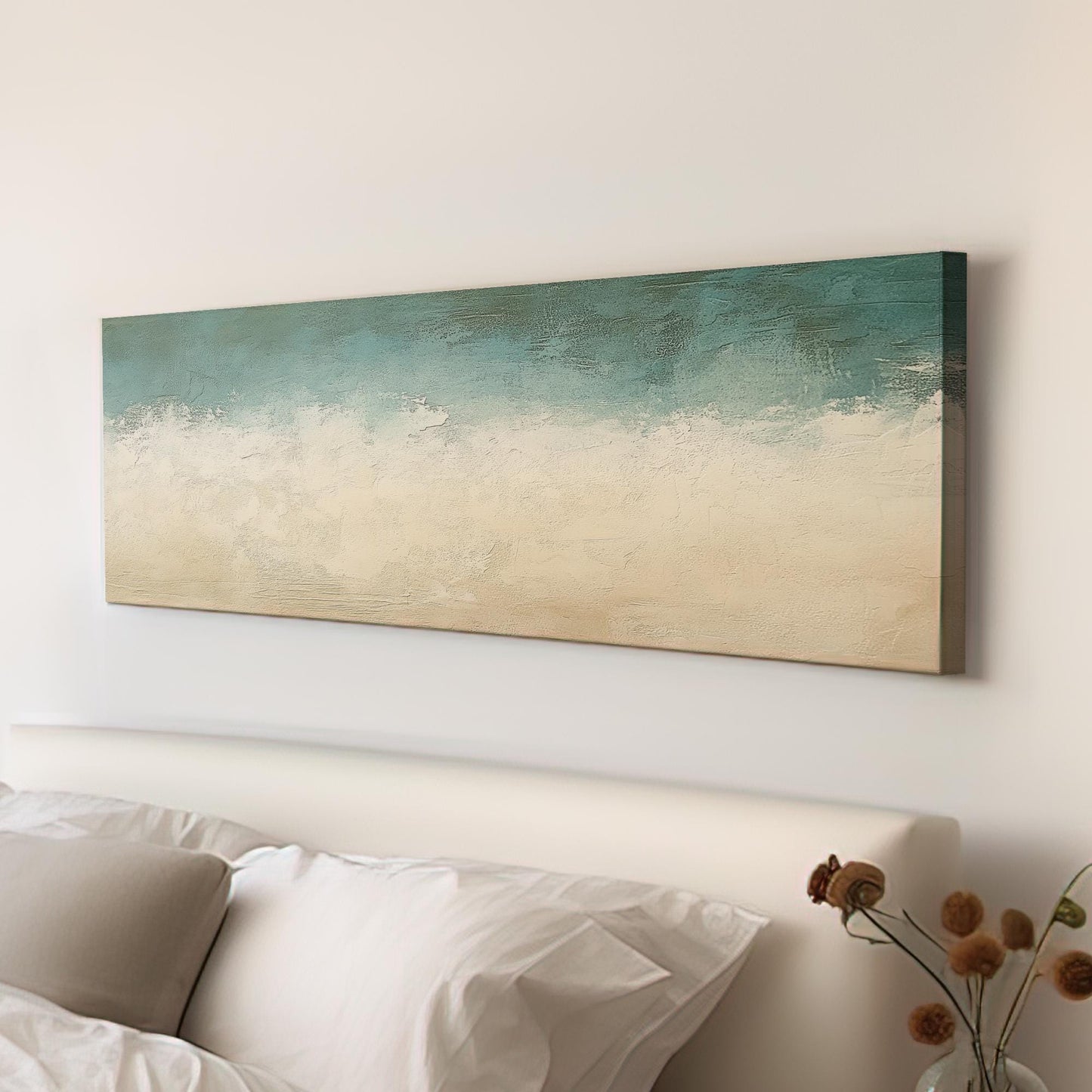 Seascape Textured Canvas Art | Impasto Palette Knife Print | Coastal Bohemian Wall Art For Living Room Panoramic Wall Art