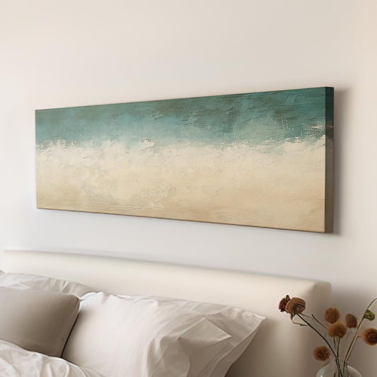 Seascape Textured Canvas Art | Impasto Palette Knife Print | Coastal Bohemian Wall Art For Living Room Panoramic Wall Art