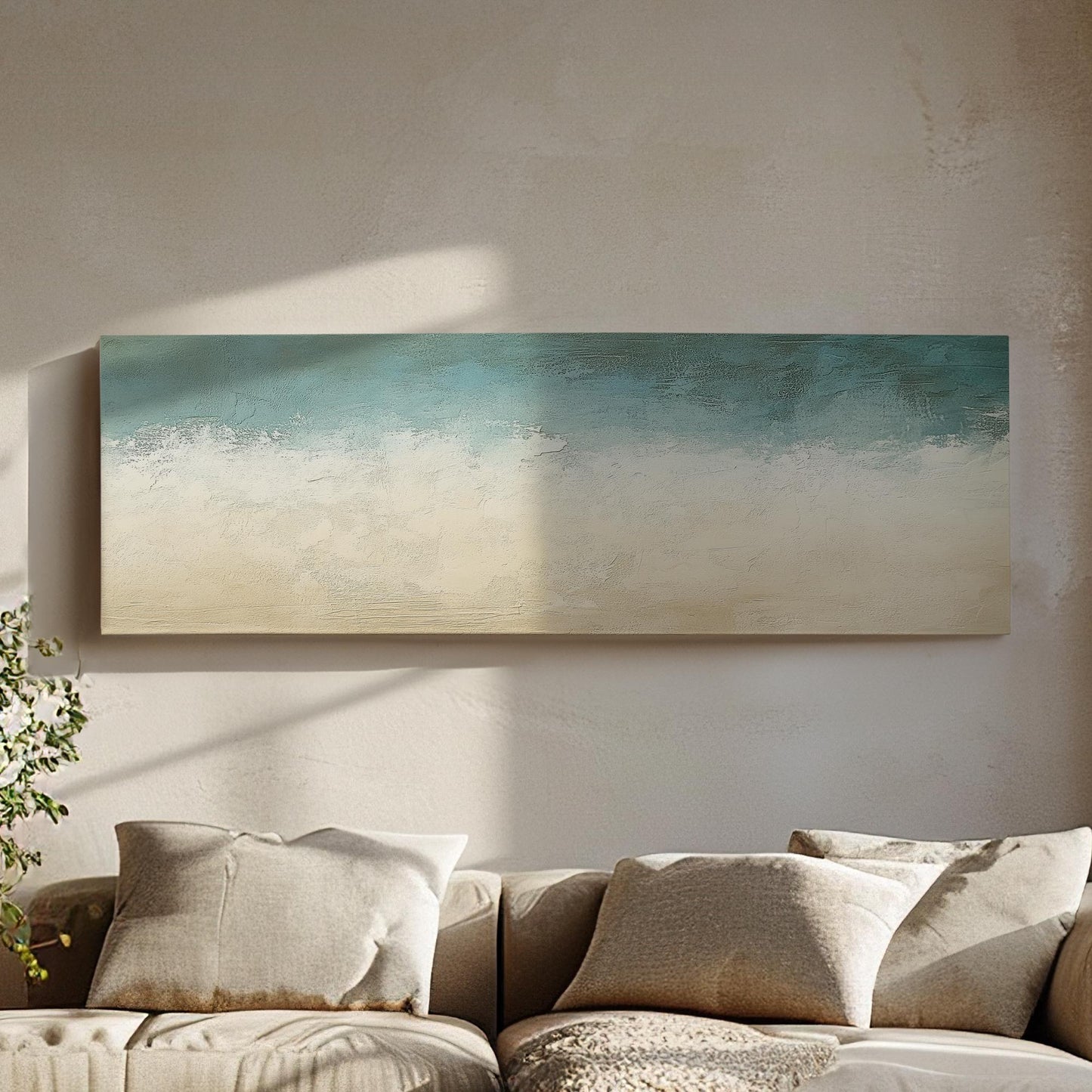 Seascape Textured Canvas Art | Impasto Palette Knife Print | Coastal Bohemian Wall Art For Living Room Panoramic Wall Art