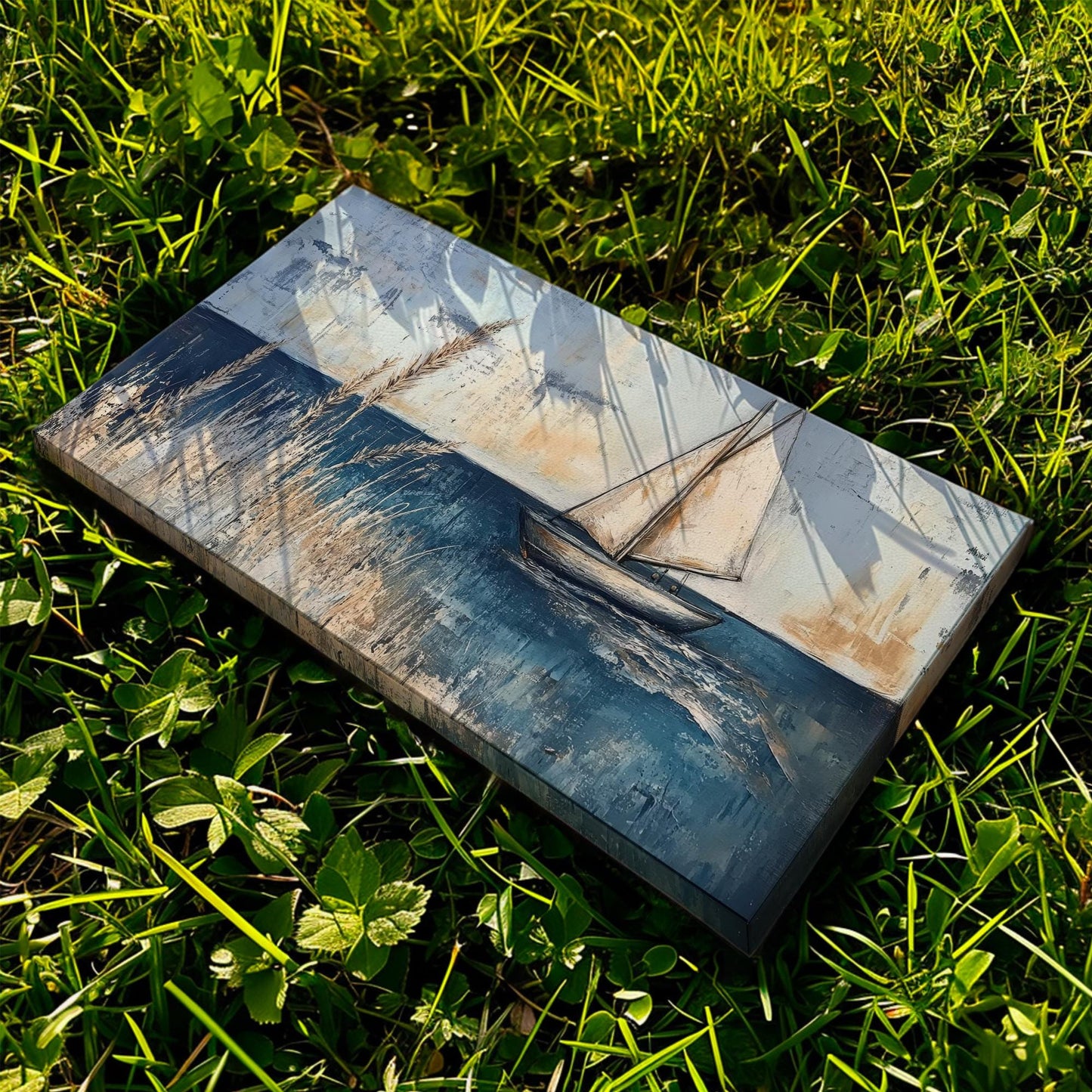 Seascape Sailboat Canvas Art | Impasto Textural Print | Coastal Farmhouse Wall Art For Living Room | Serene Blue Gray Art Horizontal Art