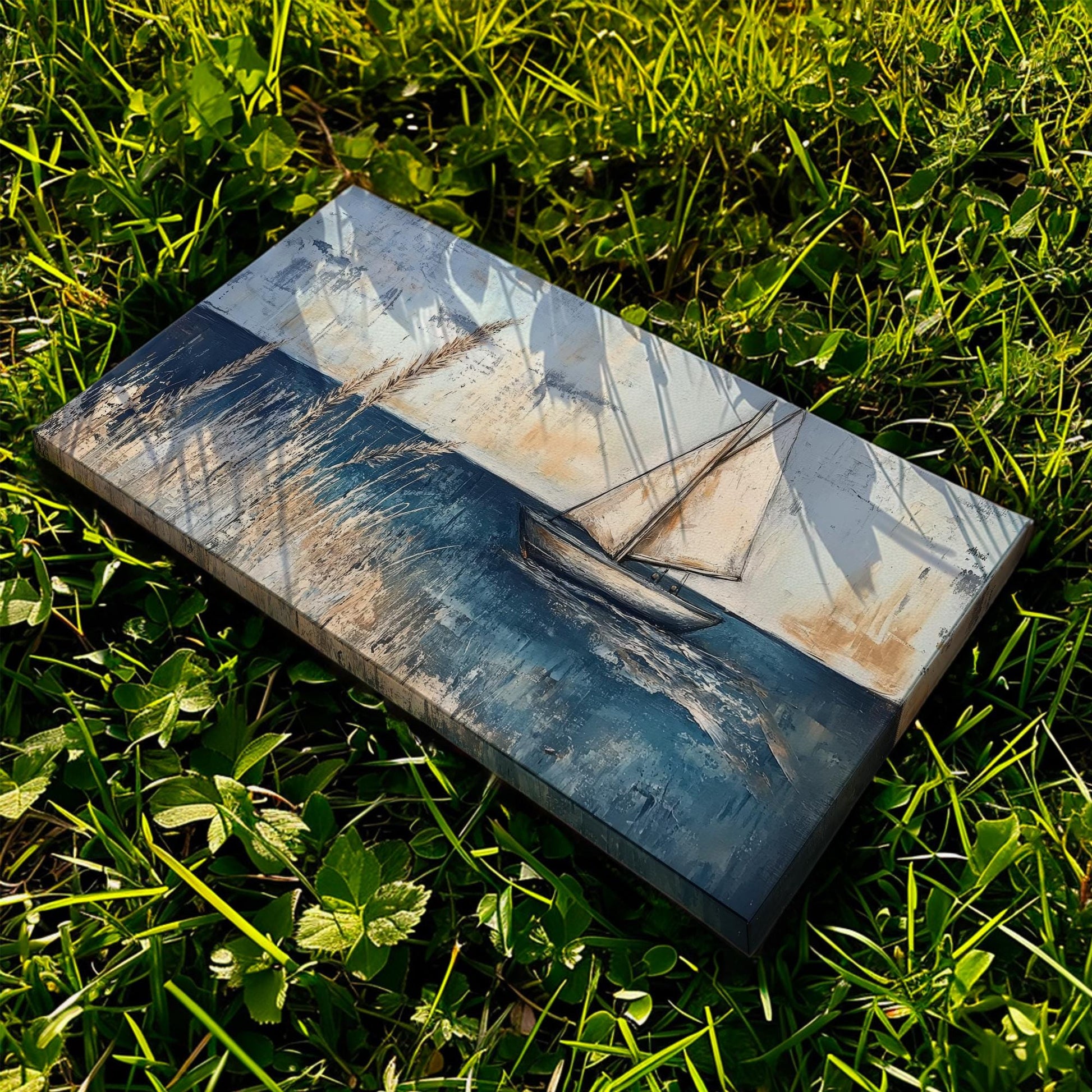 Seascape Sailboat Canvas Art | Impasto Textural Print | Coastal Farmhouse Wall Art For Living Room | Serene Blue Gray Art Horizontal Art