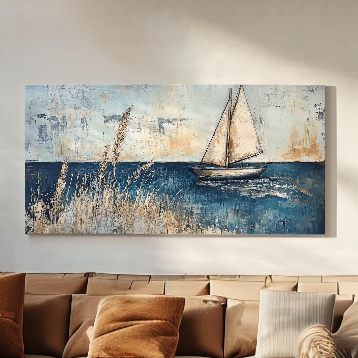 Seascape Sailboat Canvas Art | Impasto Textural Print | Coastal Farmhouse Wall Art For Living Room | Serene Blue Gray Art Horizontal Art
