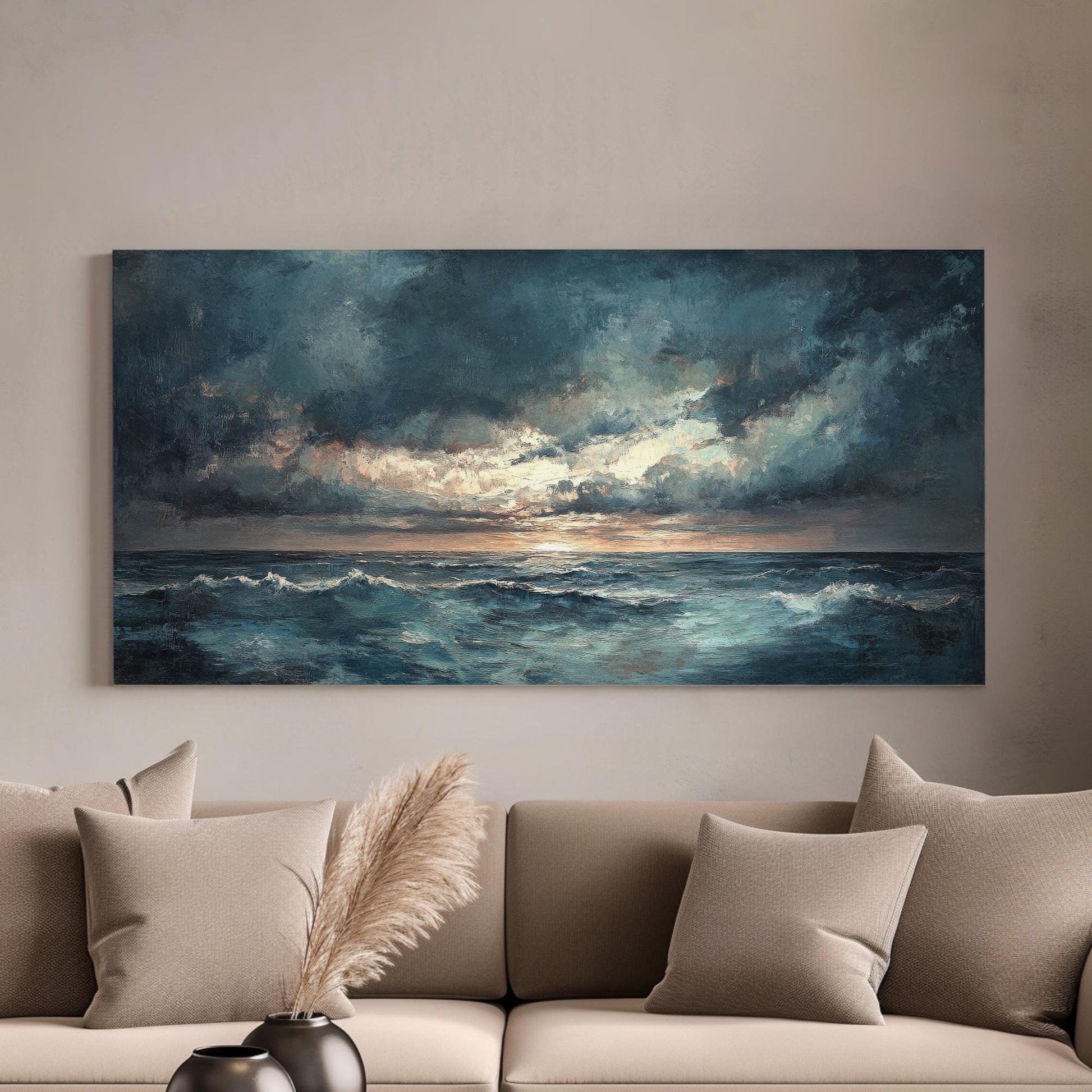 Seascape Impressionism Canvas Art | Impasto Textural Print | Coastal Bohemian Wall Art For Living Room | Stormy Seaglass Art Horizontal Art