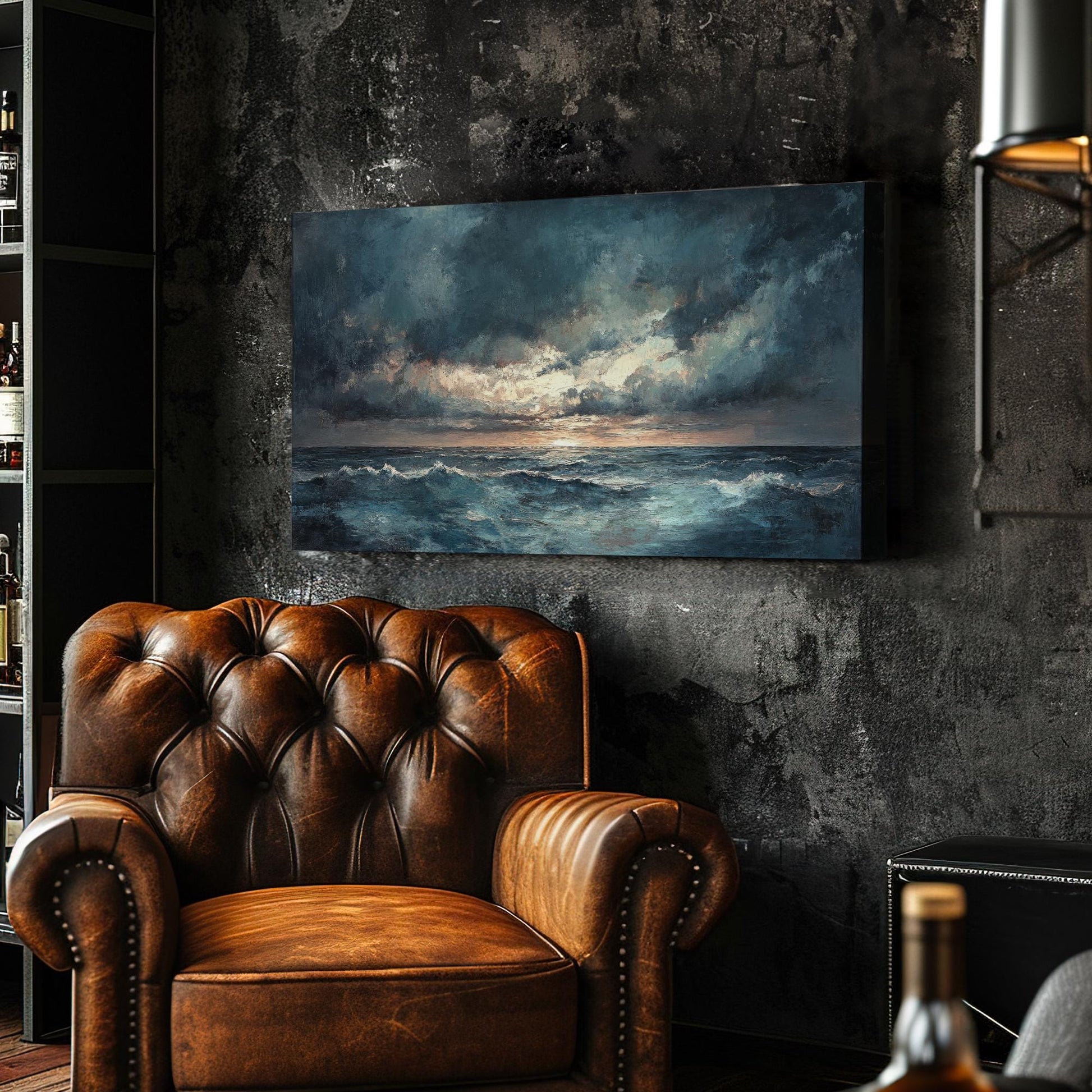 Seascape Impressionism Canvas Art | Impasto Textural Print | Coastal Bohemian Wall Art For Living Room | Stormy Seaglass Art Horizontal Art