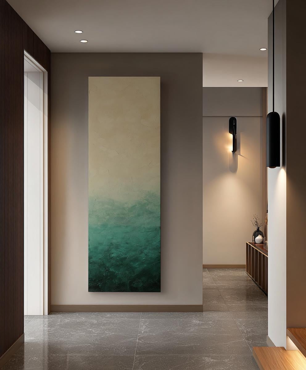 Seascape Gradient Canvas Art | Impasto Textured Print | Biophilic Wall Art For Living Room | Jadeite and Cream Art Long Vertical Art