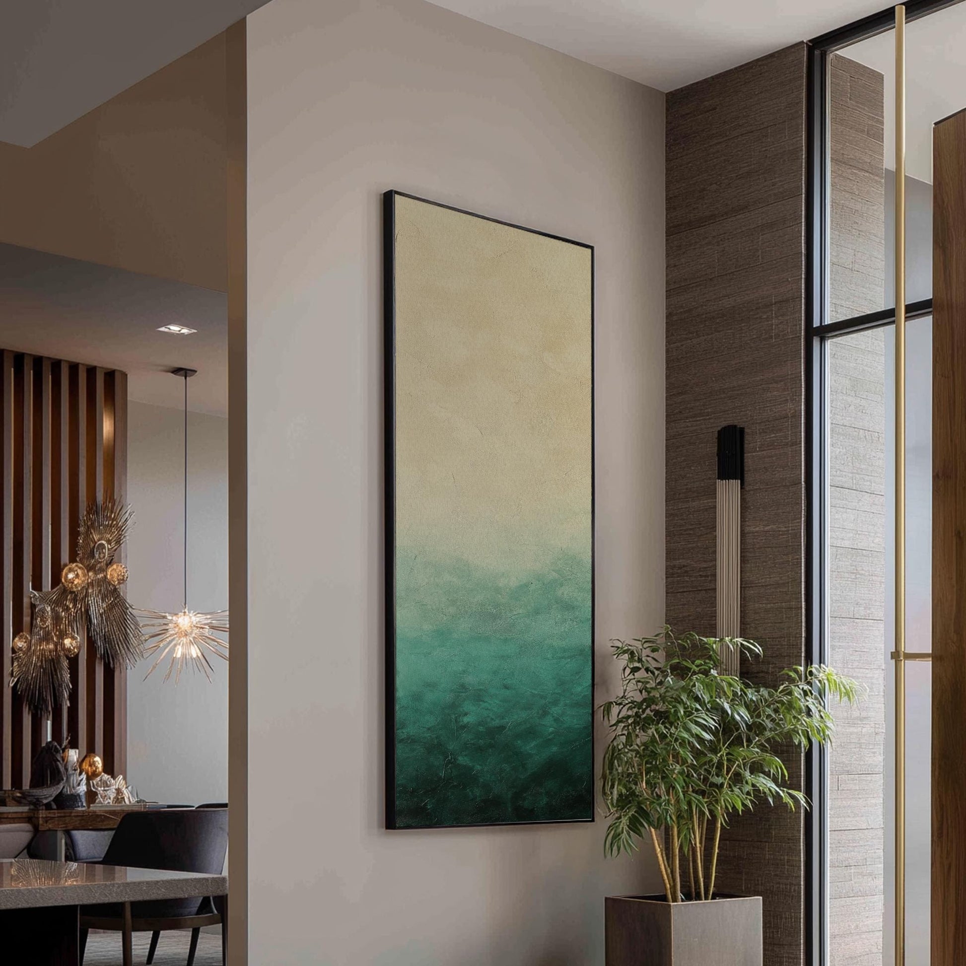 Seascape Gradient Canvas Art | Impasto Textured Print | Biophilic Wall Art For Living Room | Jadeite and Cream Art Long Vertical Art