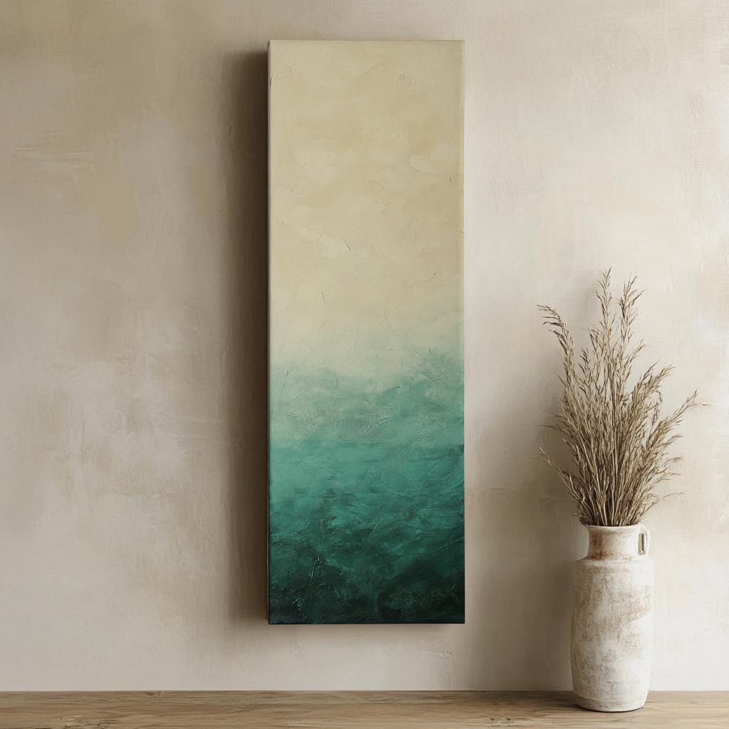 Seascape Gradient Canvas Art | Impasto Textured Print | Biophilic Wall Art For Living Room | Jadeite and Cream Art Long Vertical Art