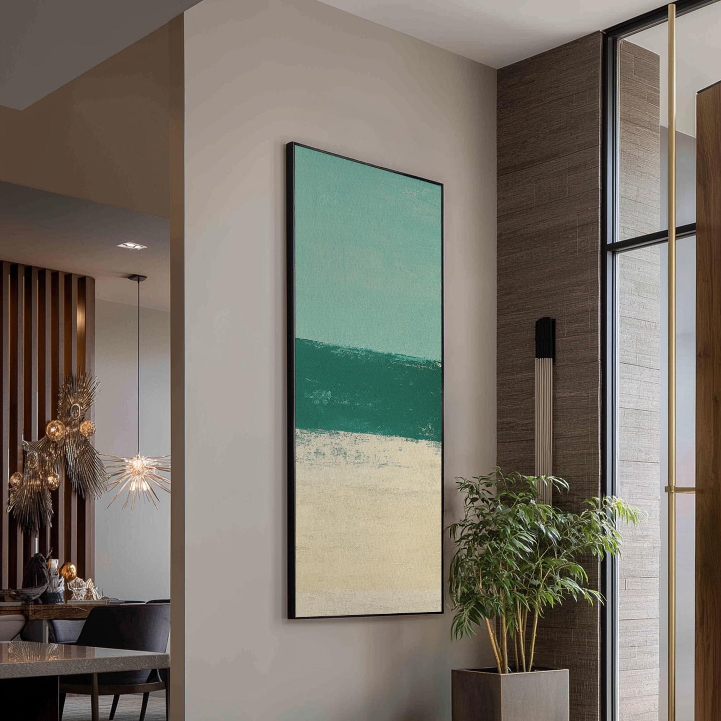Seascape Abstract Canvas Art | Impasto Print | Coastal Bohemian Wall Art For Living Room | Seafoam Jade Art Long Vertical Art