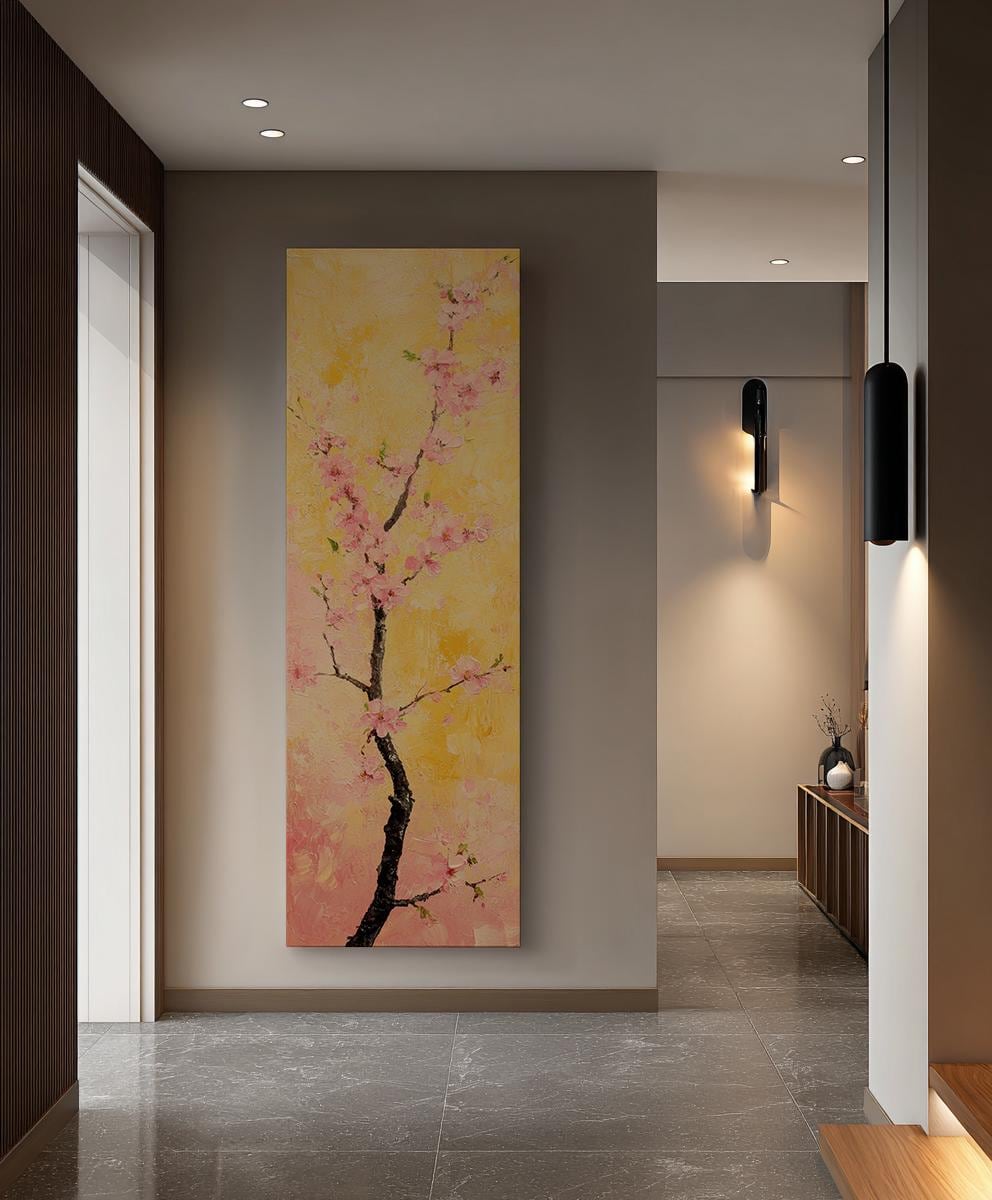 Sakura Blossom Canvas Art | Impasto Print | Bohemian Wall Art For Living Room | Blush Pink Art | Zen Decor Long Vertical Art