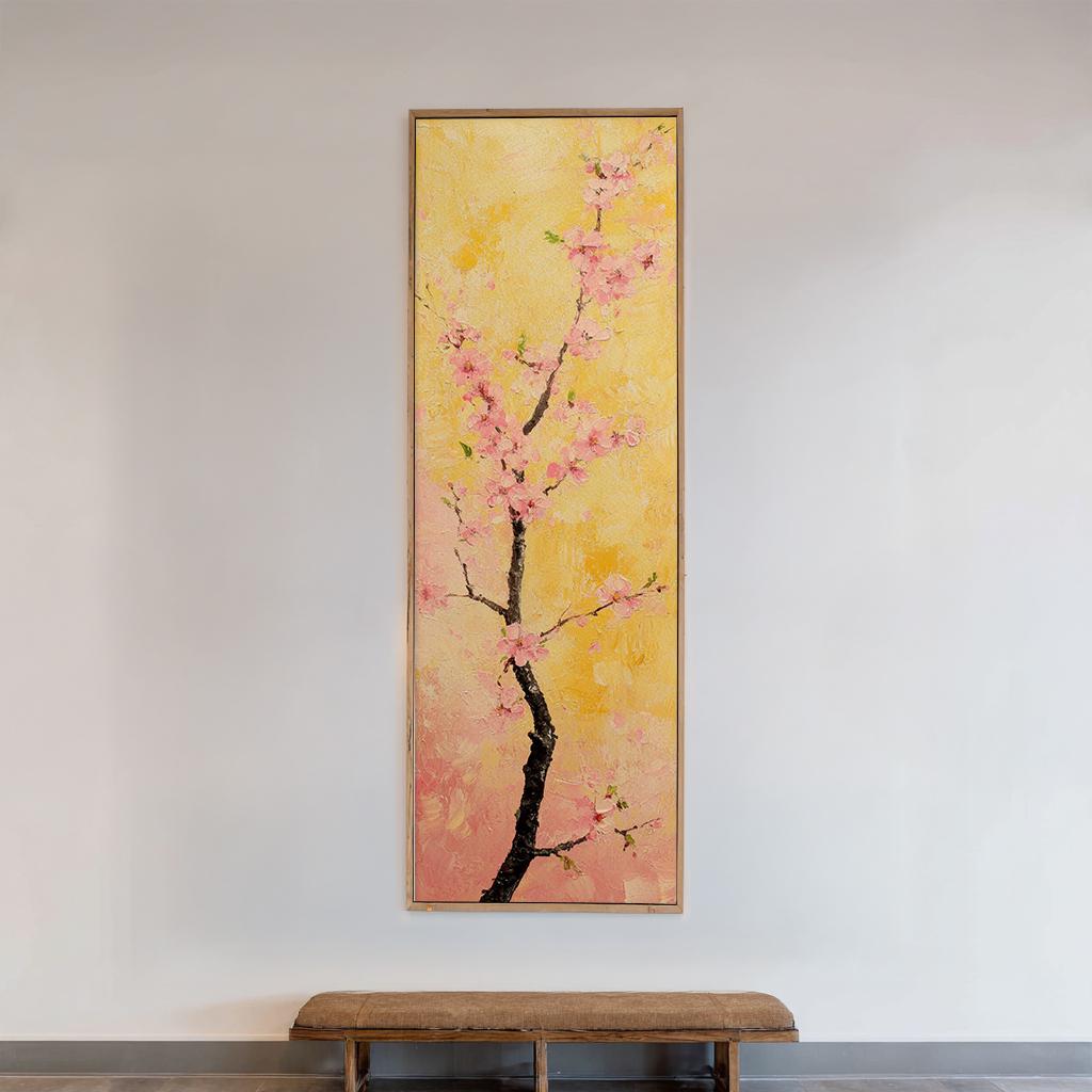 Sakura Blossom Canvas Art | Impasto Print | Bohemian Wall Art For Living Room | Blush Pink Art | Zen Decor Long Vertical Art