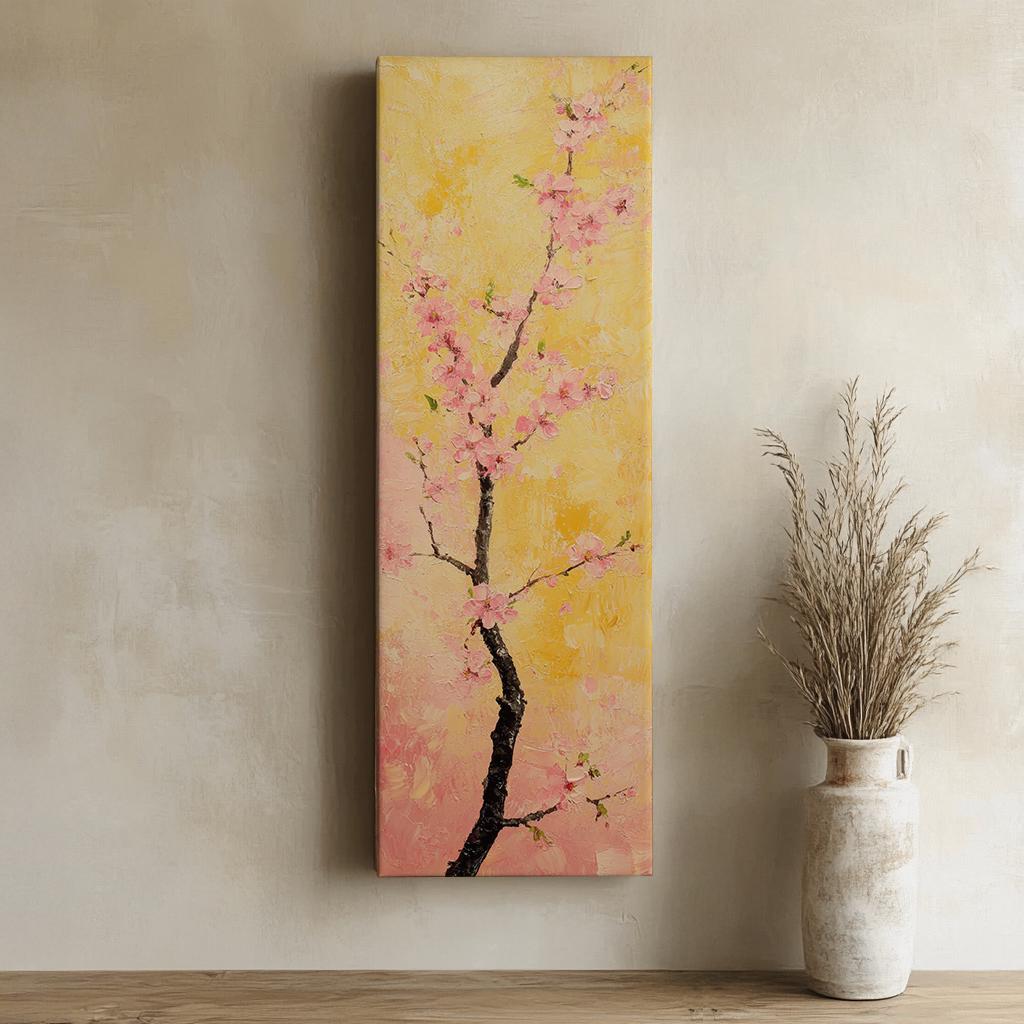 Sakura Blossom Canvas Art | Impasto Print | Bohemian Wall Art For Living Room | Blush Pink Art | Zen Decor Long Vertical Art