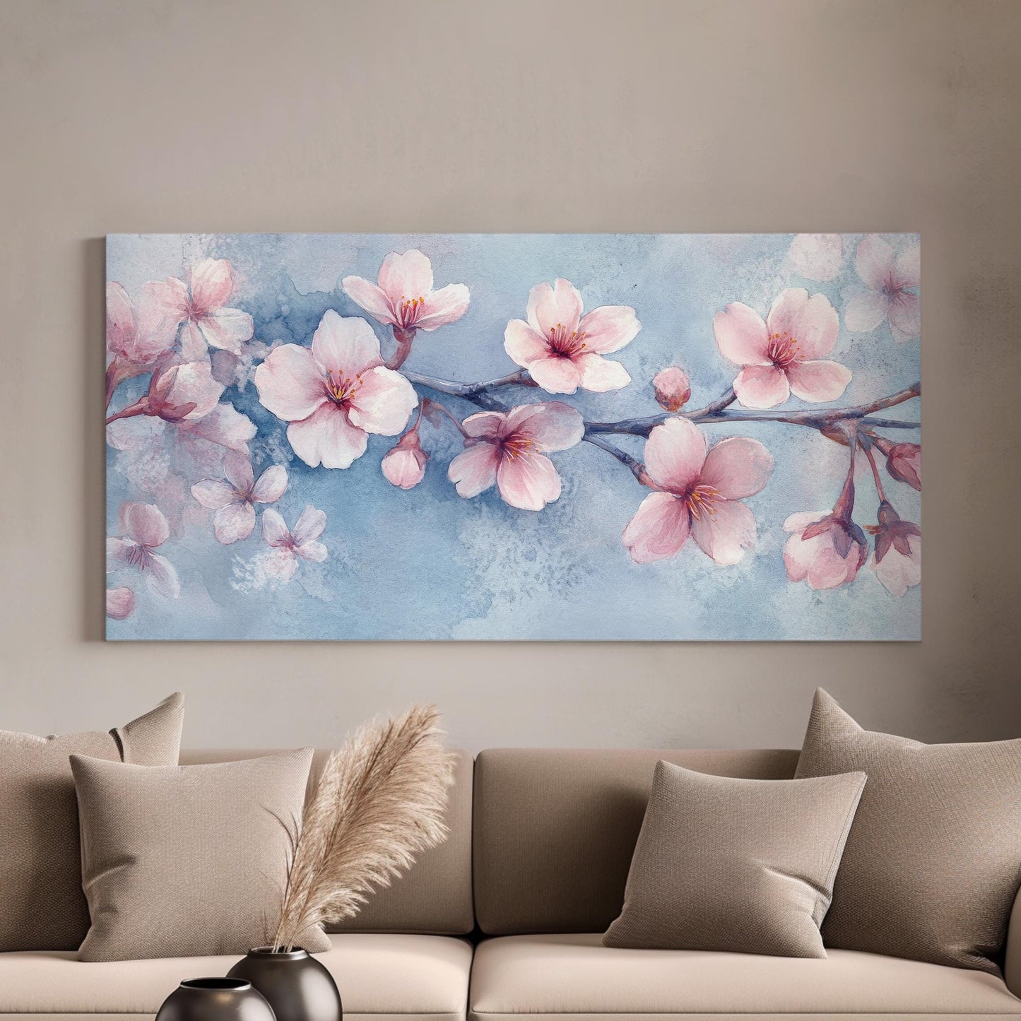 Sakura Blossom Branch Canvas Art | Watercolor Wash Print | Tranquil Zen Wall Art For Bedroom | Blush Pink Art Horizontal Art