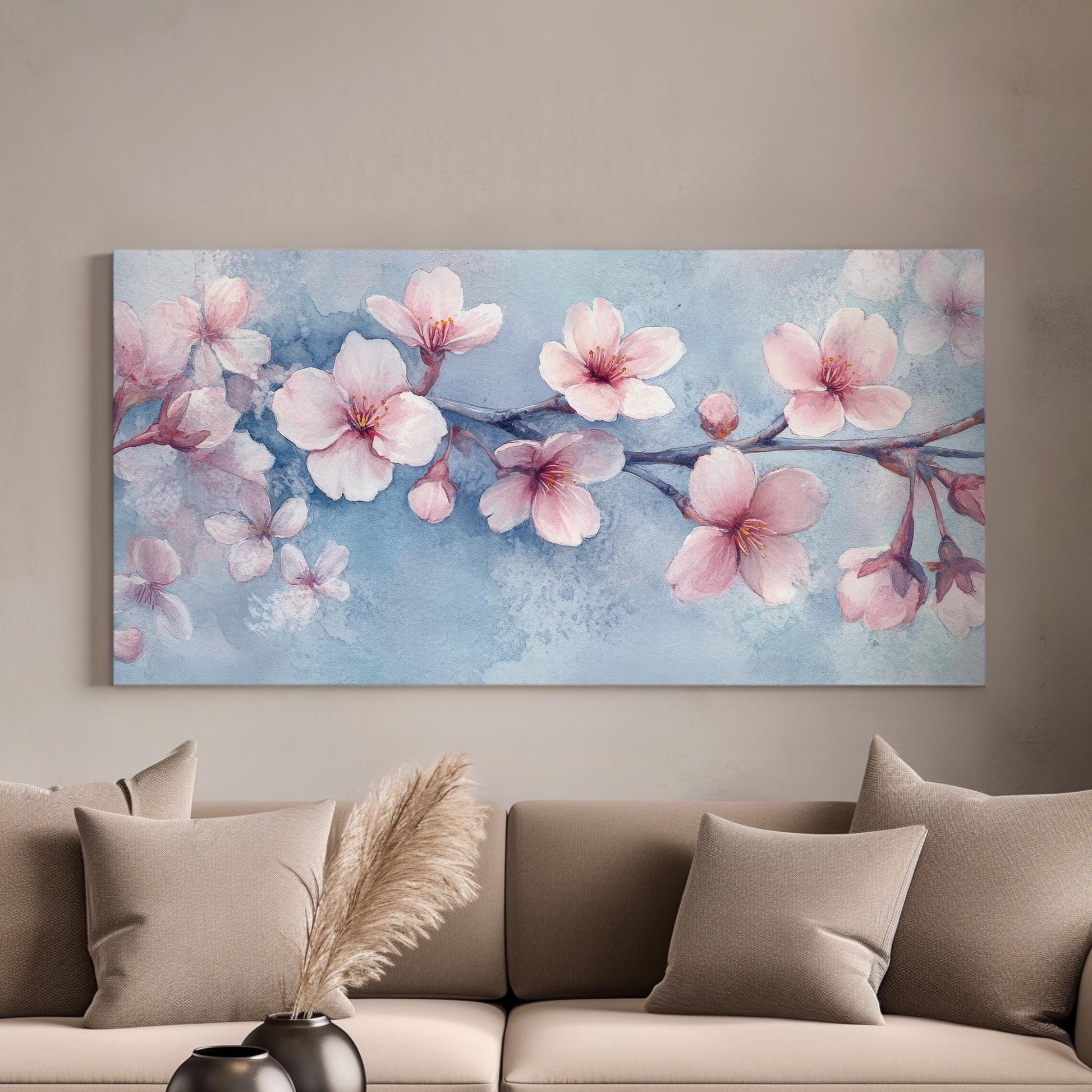 Sakura Blossom Branch Canvas Art | Watercolor Wash Print | Tranquil Zen Wall Art For Bedroom | Blush Pink Art Horizontal Art