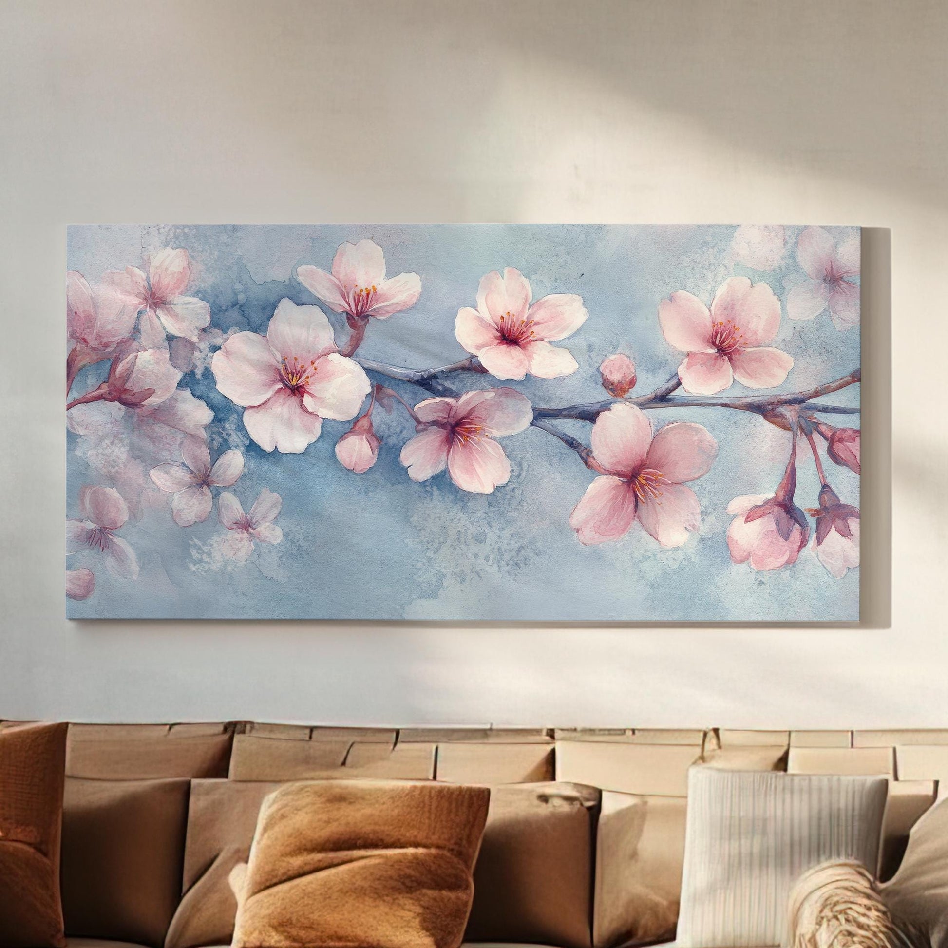 Sakura Blossom Branch Canvas Art | Watercolor Wash Print | Tranquil Zen Wall Art For Bedroom | Blush Pink Art Horizontal Art