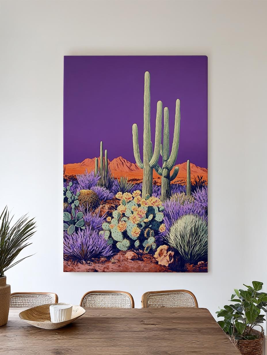 Saguaro Cactus Canvas Art | Mid Century Modern Print | Bohemian Wall Art For Living Room | Amethyst Sunset Art Vertical Canvas