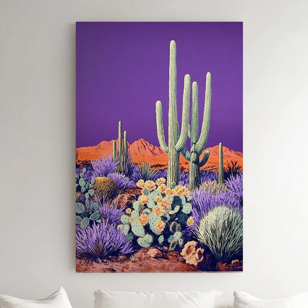 Saguaro Cactus Canvas Art | Mid Century Modern Print | Bohemian Wall Art For Living Room | Amethyst Sunset Art Vertical Canvas