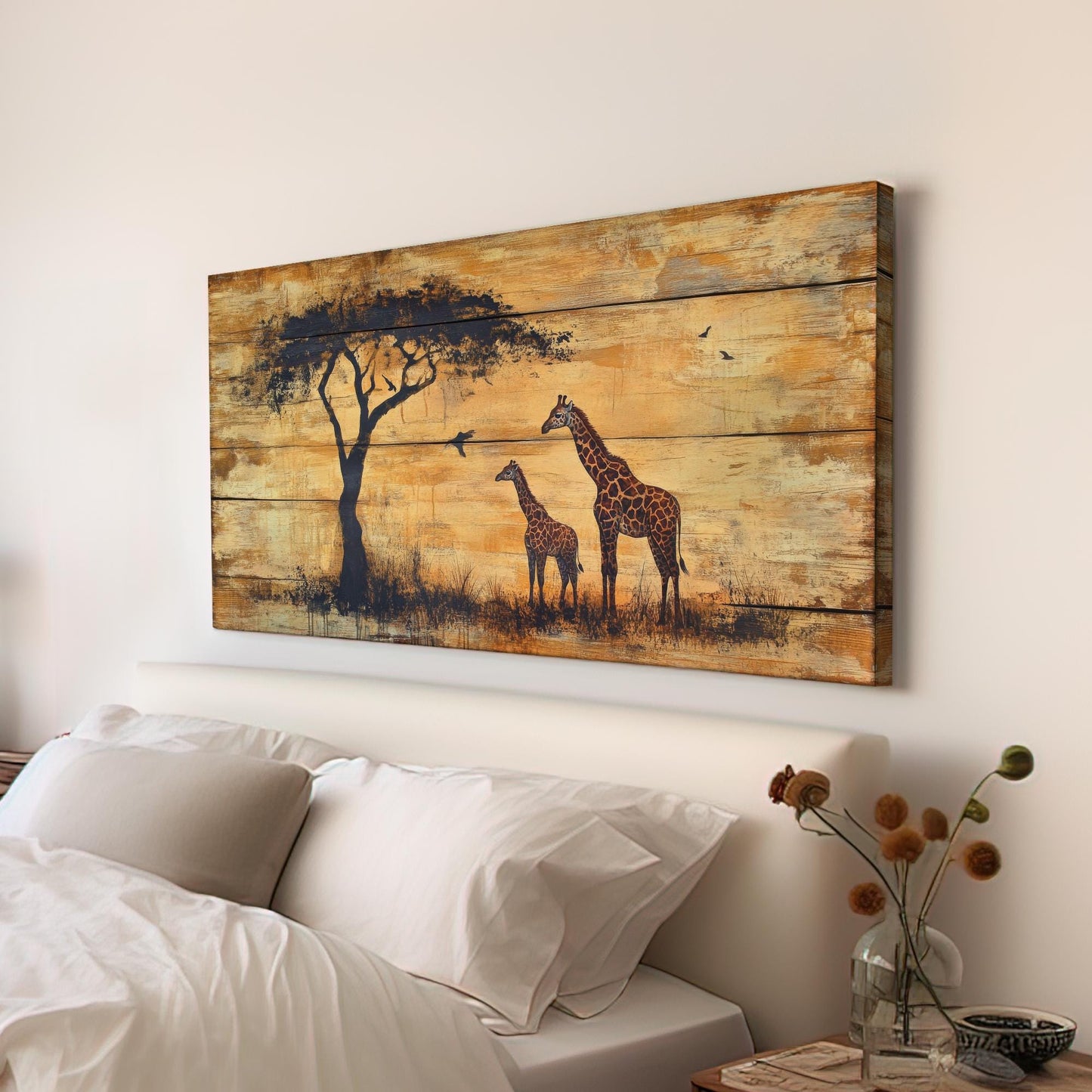 Safari Giraffe Canvas Art | Silhouette Texture Print | Bohemian Wall Art For Living Room | Honeycomb Sable Art Horizontal Art