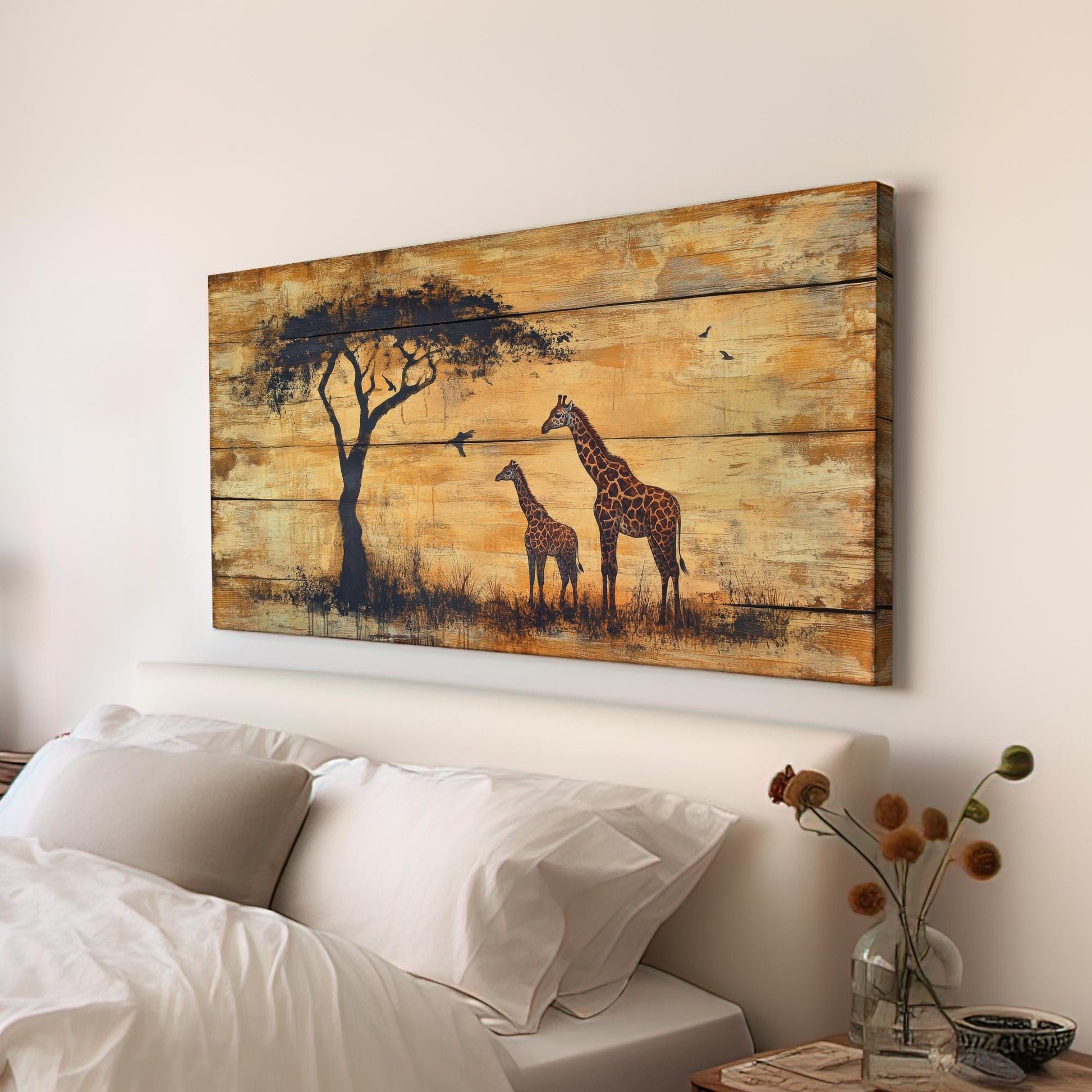 Safari Giraffe Canvas Art | Silhouette Texture Print | Bohemian Wall Art For Living Room | Honeycomb Sable Art Horizontal Art