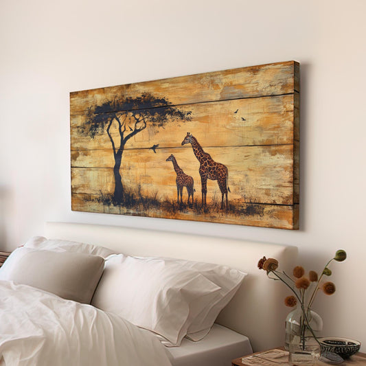 Safari Giraffe Canvas Art | Silhouette Texture Print | Bohemian Wall Art For Living Room | Honeycomb Sable Art Horizontal Art