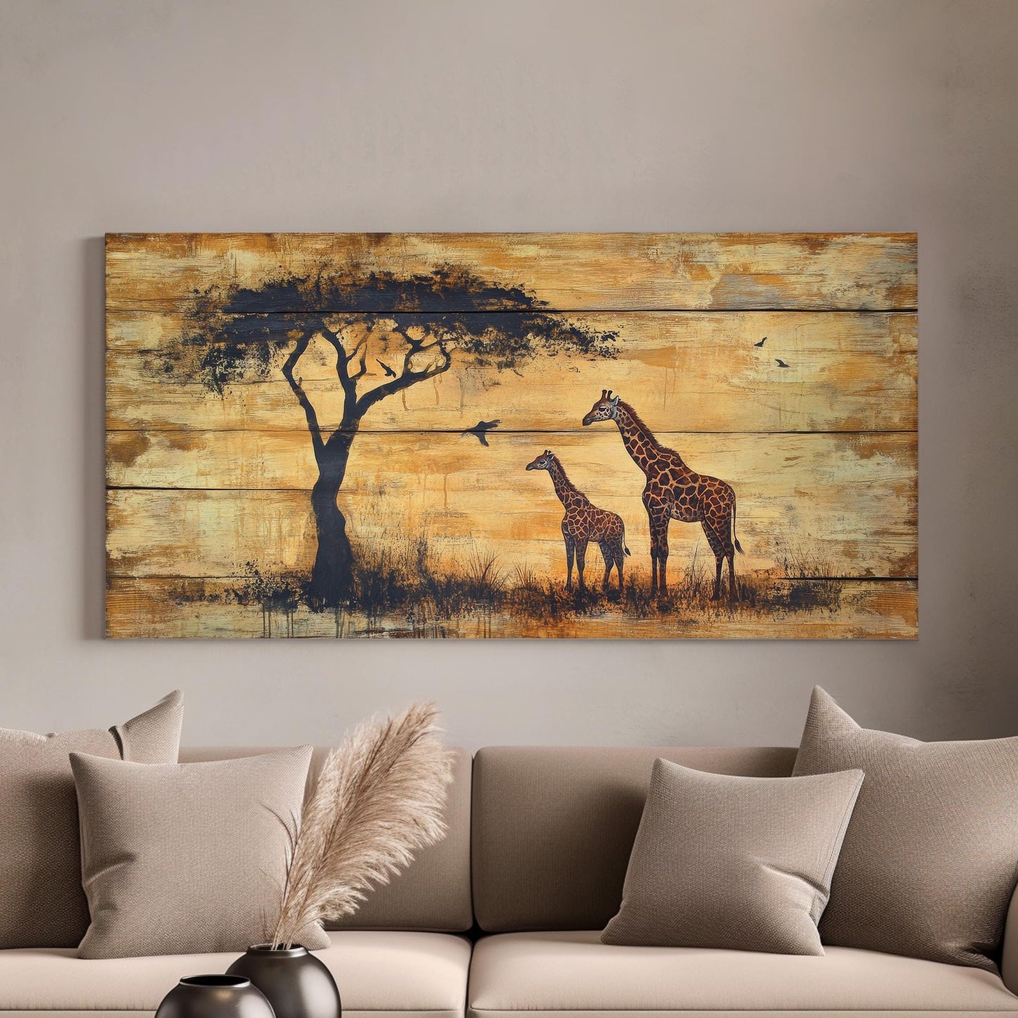 Safari Giraffe Canvas Art | Silhouette Texture Print | Bohemian Wall Art For Living Room | Honeycomb Sable Art Horizontal Art