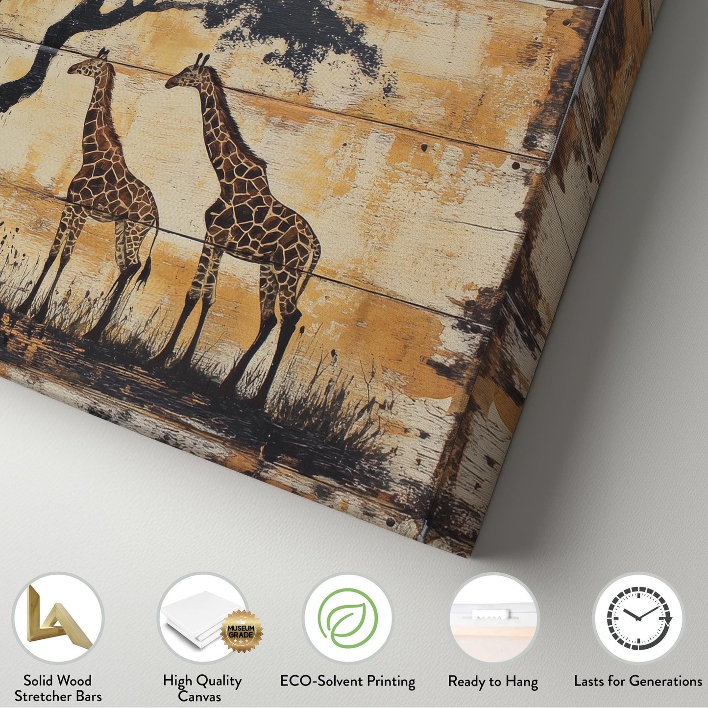 Safari Giraffe Canvas Art | Silhouette Print | Bohemian Wall Art For Living Room | Antique Beige Art | Tranquil Decor Horizontal Art
