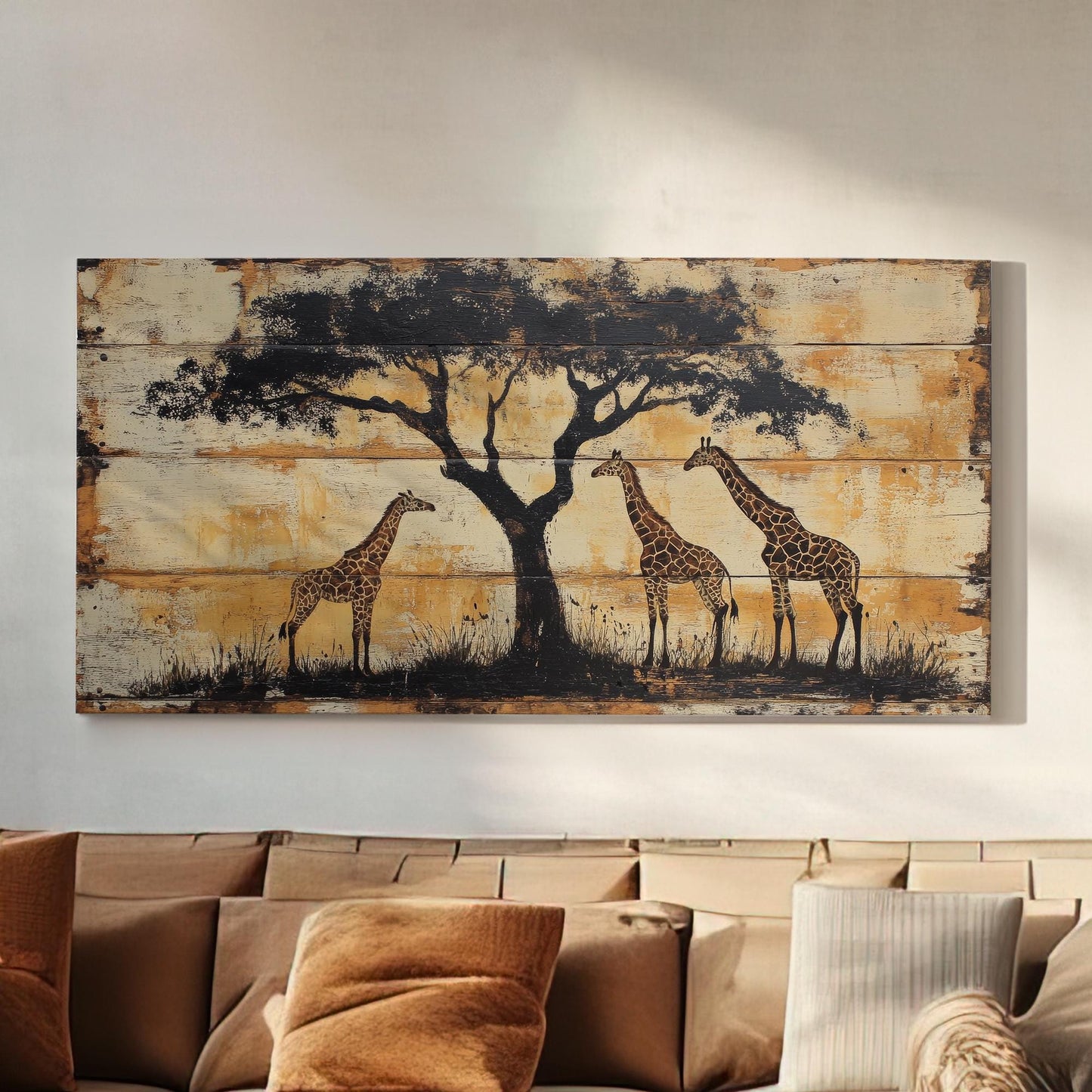 Safari Giraffe Canvas Art | Silhouette Print | Bohemian Wall Art For Living Room | Antique Beige Art | Tranquil Decor Horizontal Art