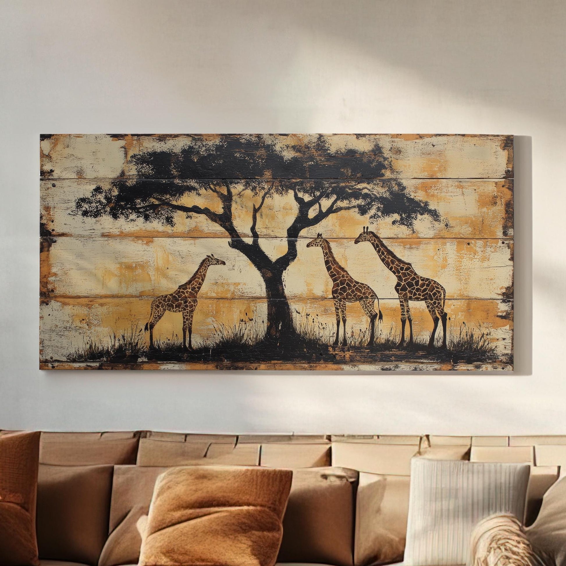 Safari Giraffe Canvas Art | Silhouette Print | Bohemian Wall Art For Living Room | Antique Beige Art | Tranquil Decor Horizontal Art