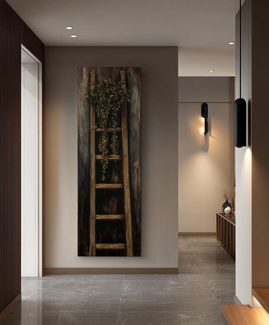 Rustic Wooden Ladder Canvas Art | Impasto Botanical Print | Bohemian Wall Art For Living Room | Warm Espresso Art Long Vertical Art