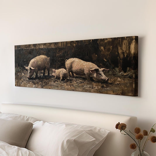Rustic Swine Canvas Art | Impasto Painting Print | Bohemian Wall Art For Living Room | Taupe Oyster Art Panoramic Wall Art